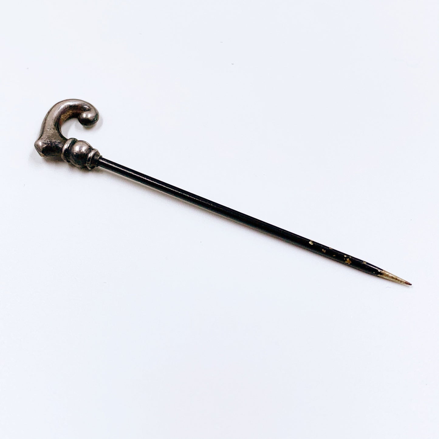Antique Walking Cane Stick Pin | Sterling Silver Cane Tie Pin | Figural Walking Stick Lapel Pin