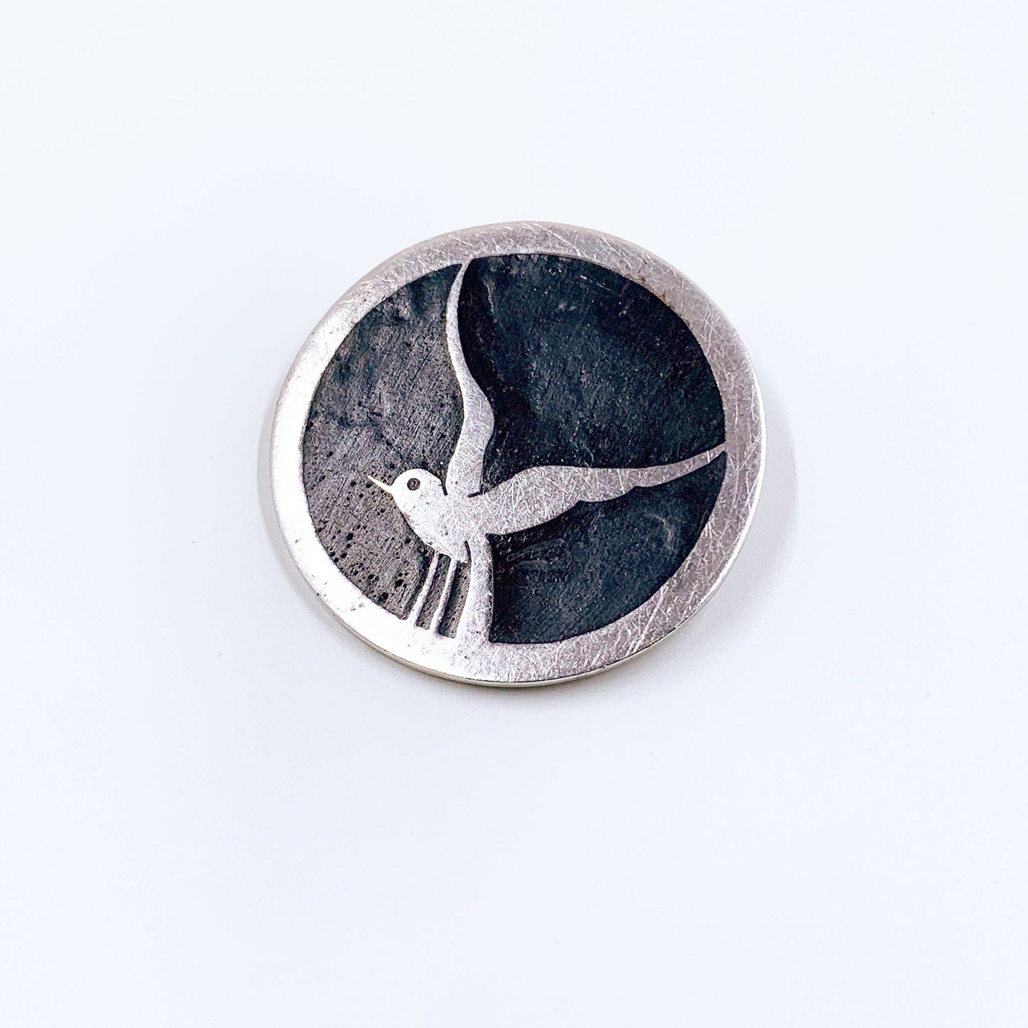 Vintage Sterling Bird Inlay Brooch | Modernist Wood Inlay Brooch | Silver Swift Brooch