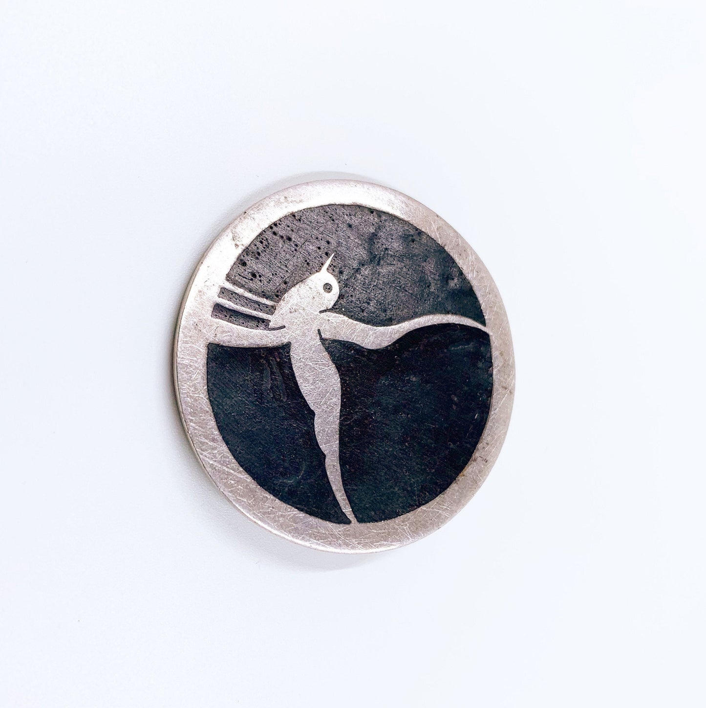 Vintage Sterling Bird Inlay Brooch | Modernist Wood Inlay Brooch | Silver Swift Brooch