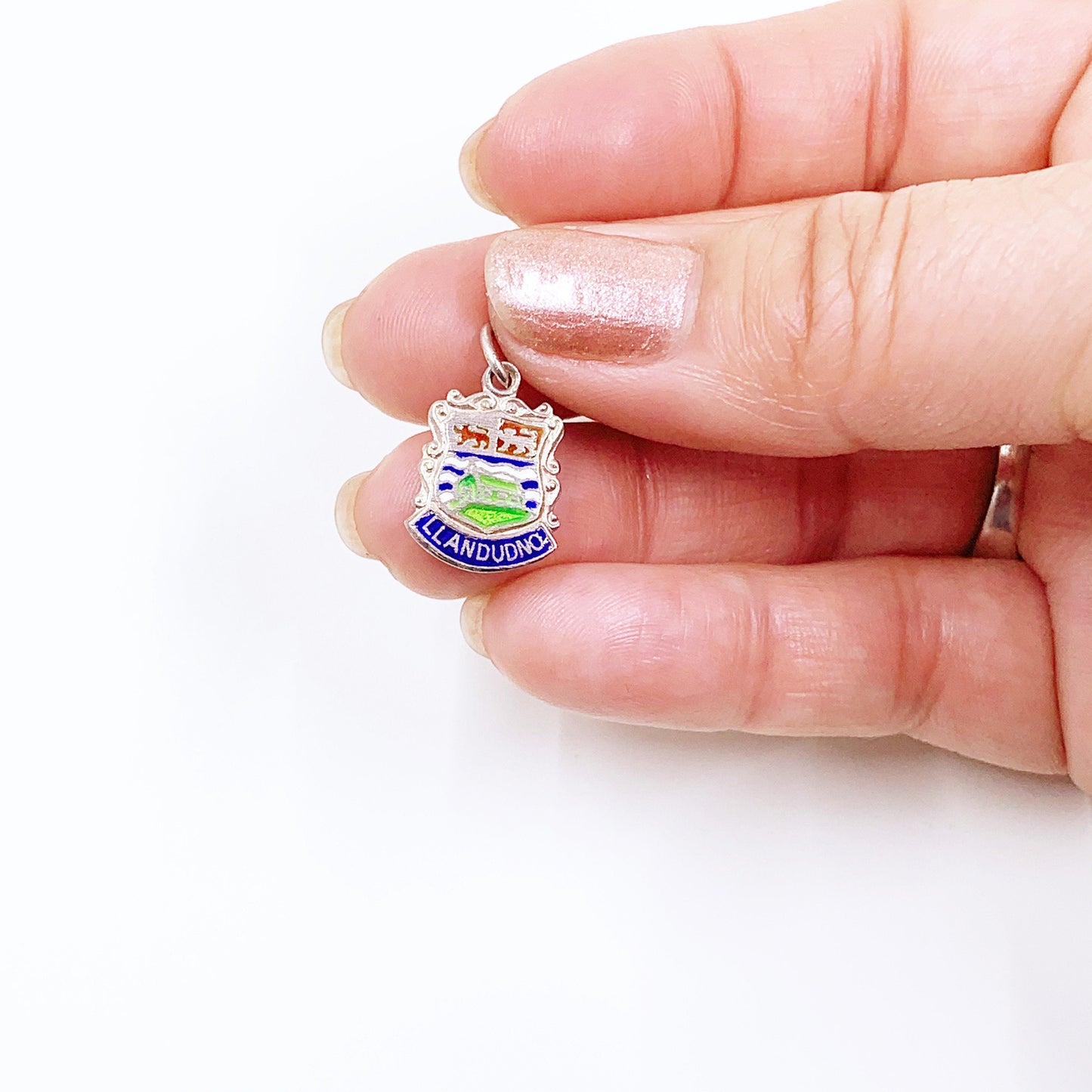 Vintage Silver Llandudo Wales Enamel Shield Charm | Vintage UK Enamel Travel Shield Charm