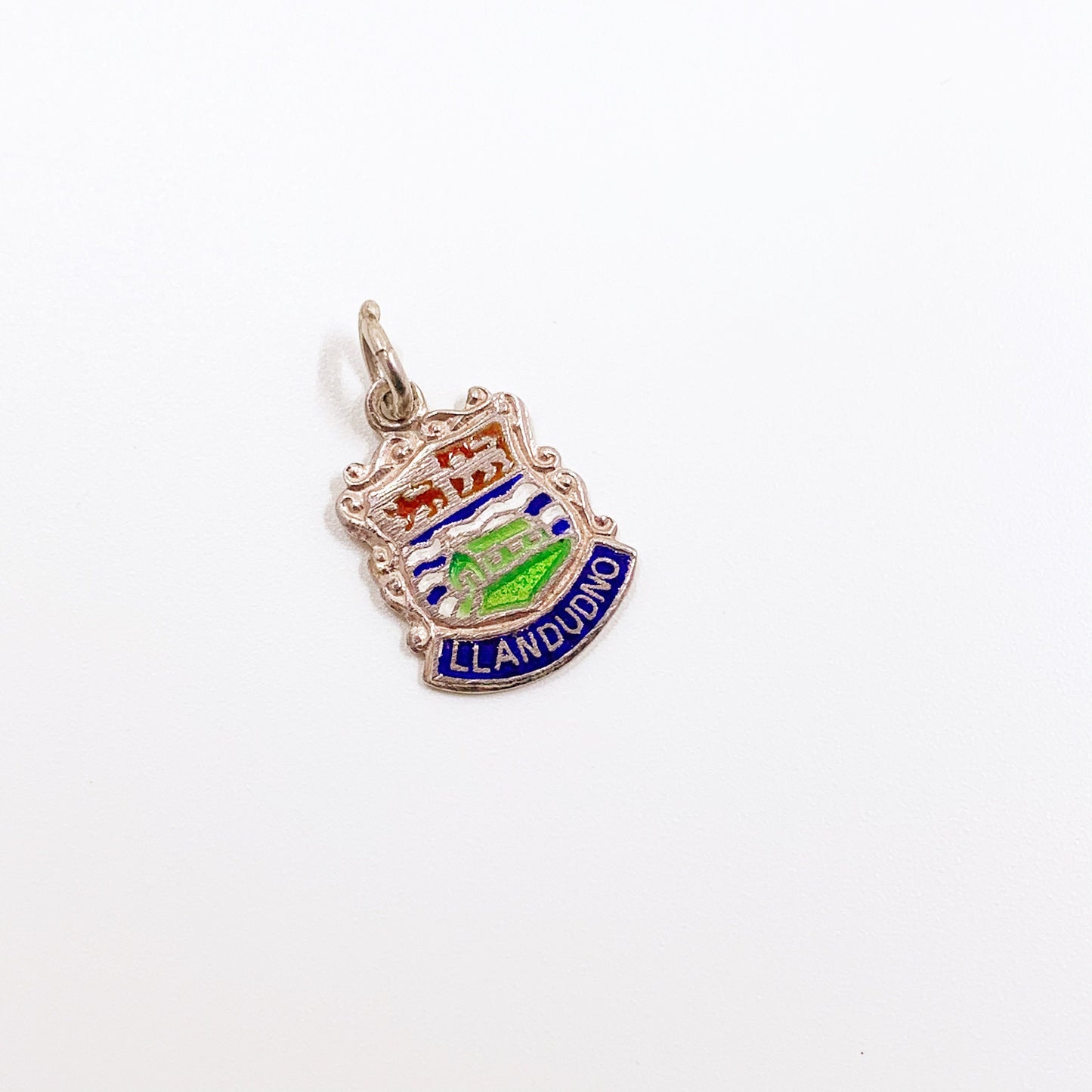 Vintage Silver Llandudo Wales Enamel Shield Charm | Vintage UK Enamel Travel Shield Charm