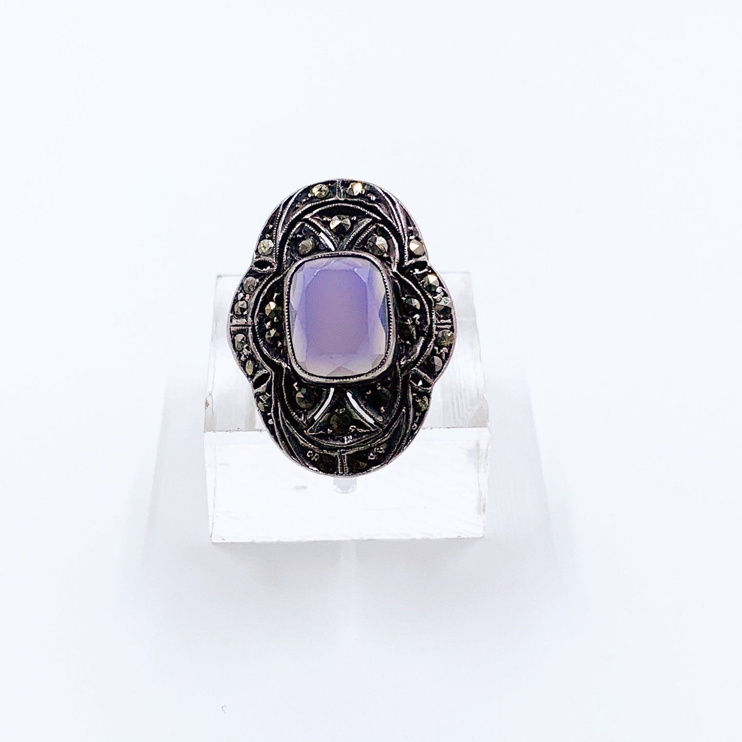 Vintage German Art Deco Marcasite Silver Ring | Sterling Blue Stone Ring | Size 5 1/2