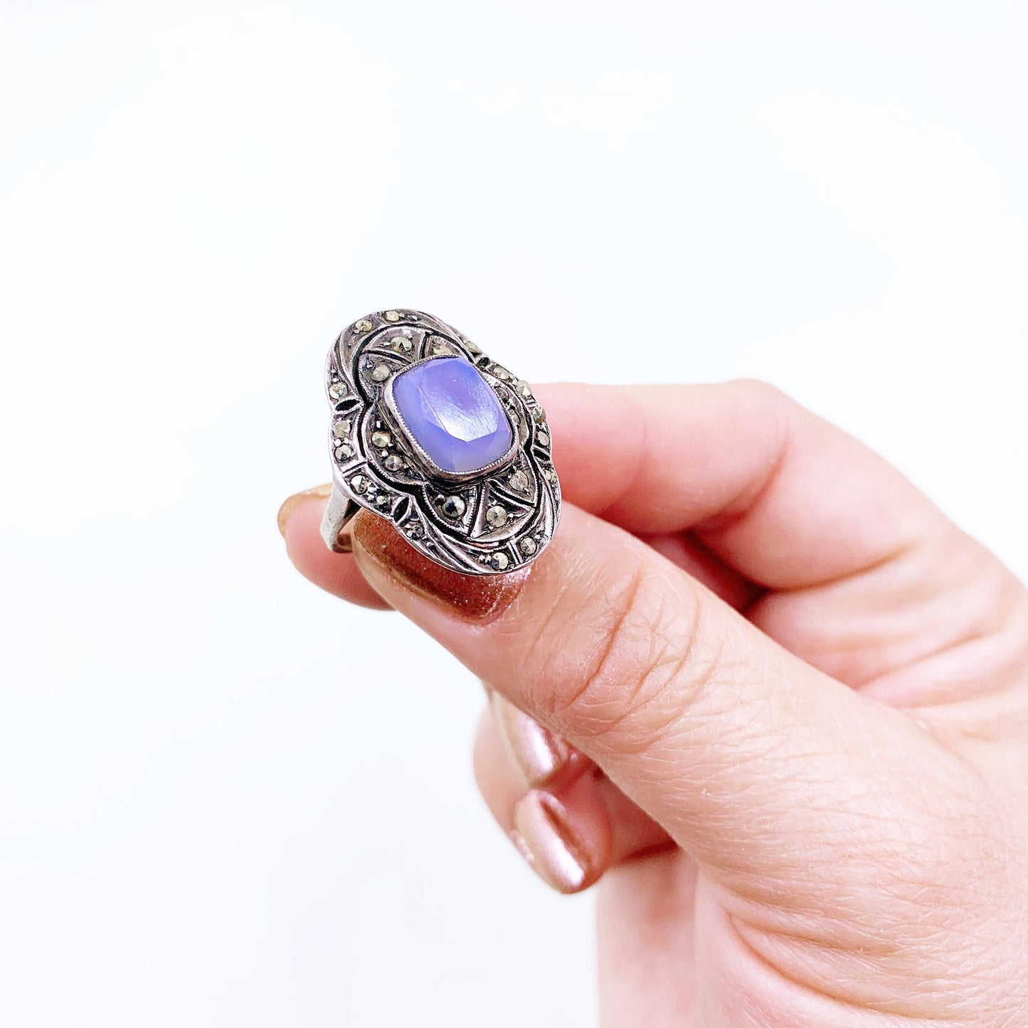 Vintage German Art Deco Marcasite Silver Ring | Sterling Blue Stone Ring | Size 5 1/2