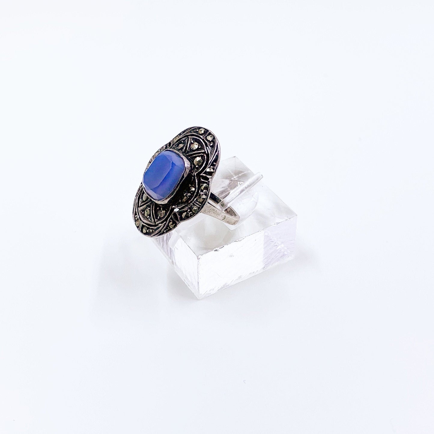 Vintage German Art Deco Marcasite Silver Ring | Sterling Blue Stone Ring | Size 5 1/2