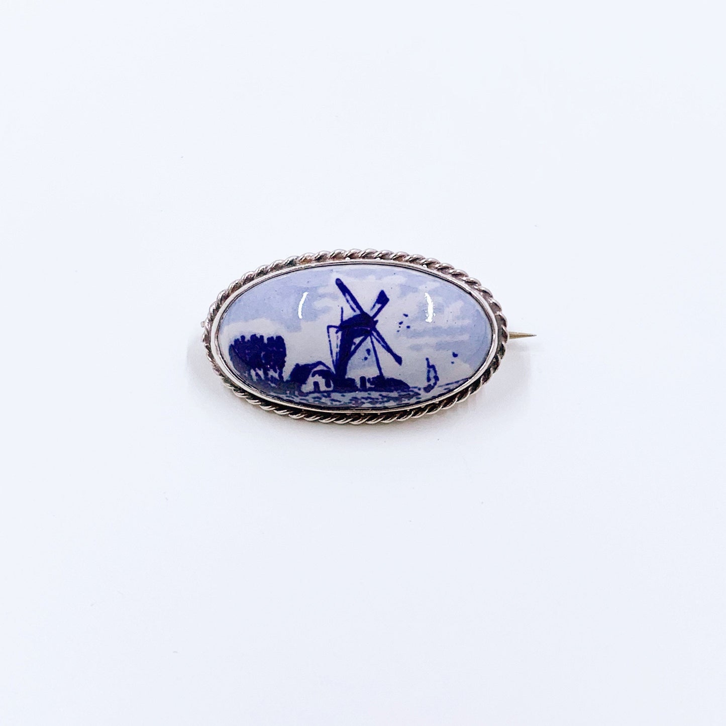 Vintage Delft Windmill Brooch | Delft Blue Porcelain Pin