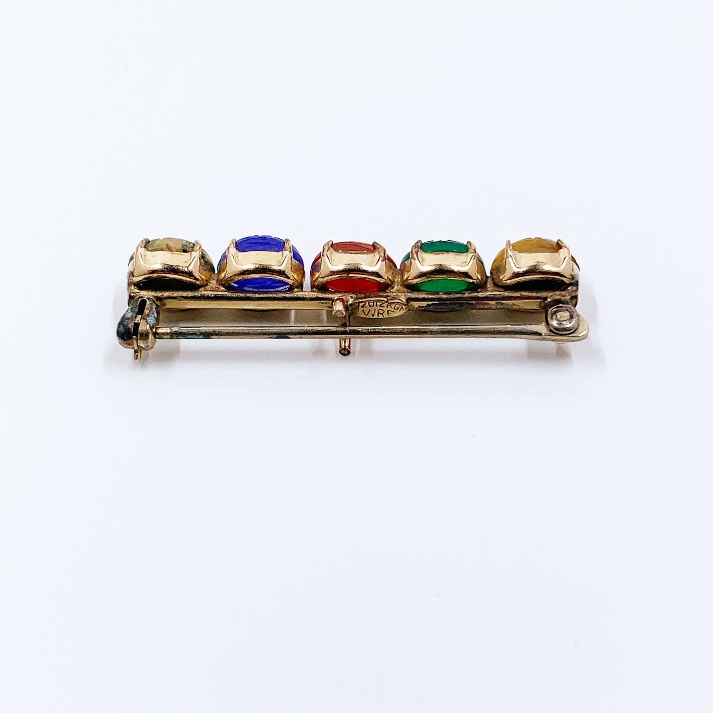 Vintage Egyptian Revival Scarab Bar Brooch | WRE 12k Yellow Gold Filled Carved Scarab Beetle | Scarab Carved Gemstones