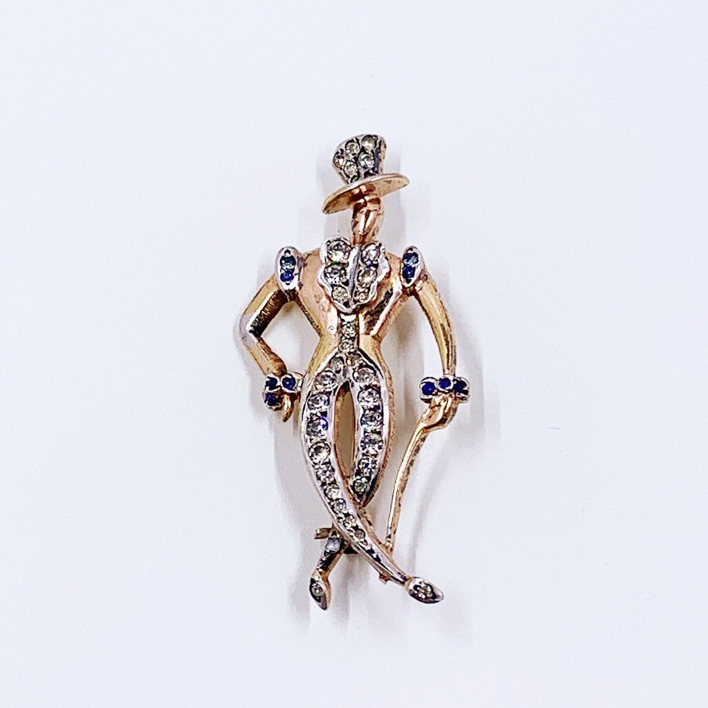 Vintage French Silver Figural Man in Top Hat Brooch | Blue and White Rhinestone Brooch