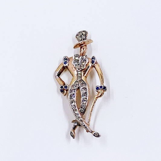 Vintage French Silver Figural Man in Top Hat Brooch | Blue and White Rhinestone Brooch