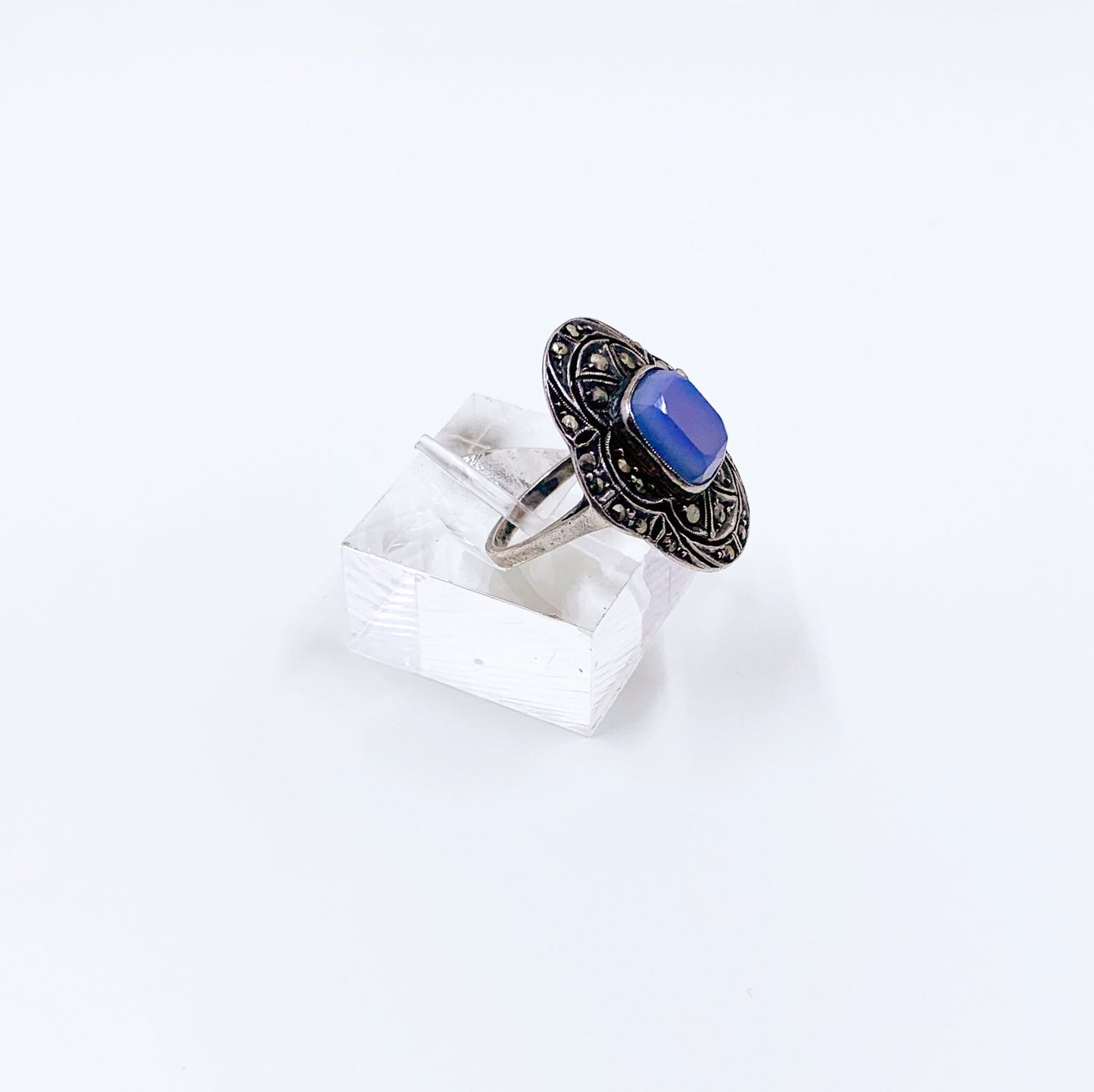 Vintage German Art Deco Marcasite Silver Ring | Sterling Blue Stone Ring | Size 5 1/2