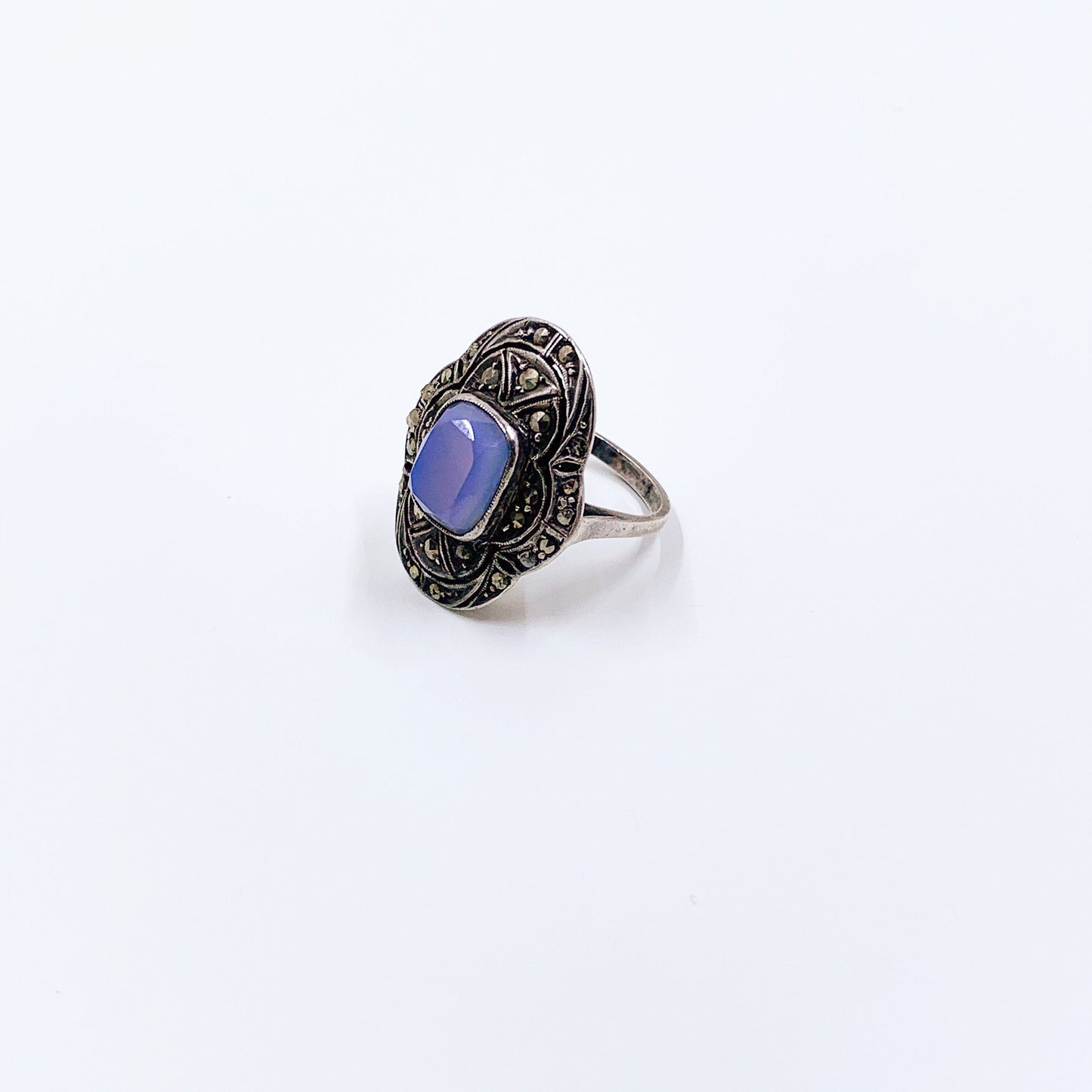 Vintage German Art Deco Marcasite Silver Ring | Sterling Blue Stone Ring | Size 5 1/2