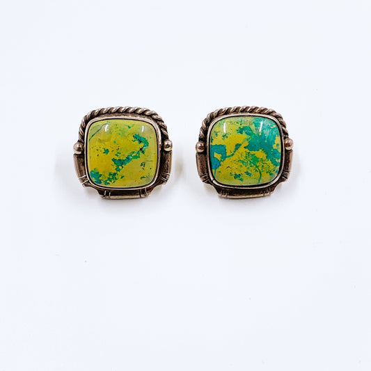 Vintage Silver Yellow and Blue Stud Earrings | Silver Multicolor Southwest Style Earrings