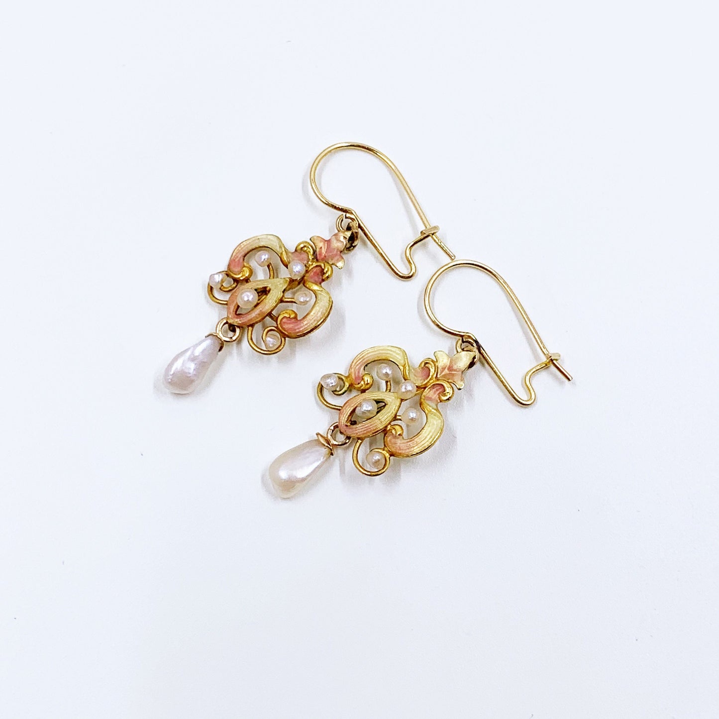 Antique Gold Art Nouveau Enamel and Pearl Earrings | 14k Gold Enamel Earrings | Baroque Pearl Earrings | 14k Gold Dangle Earrings