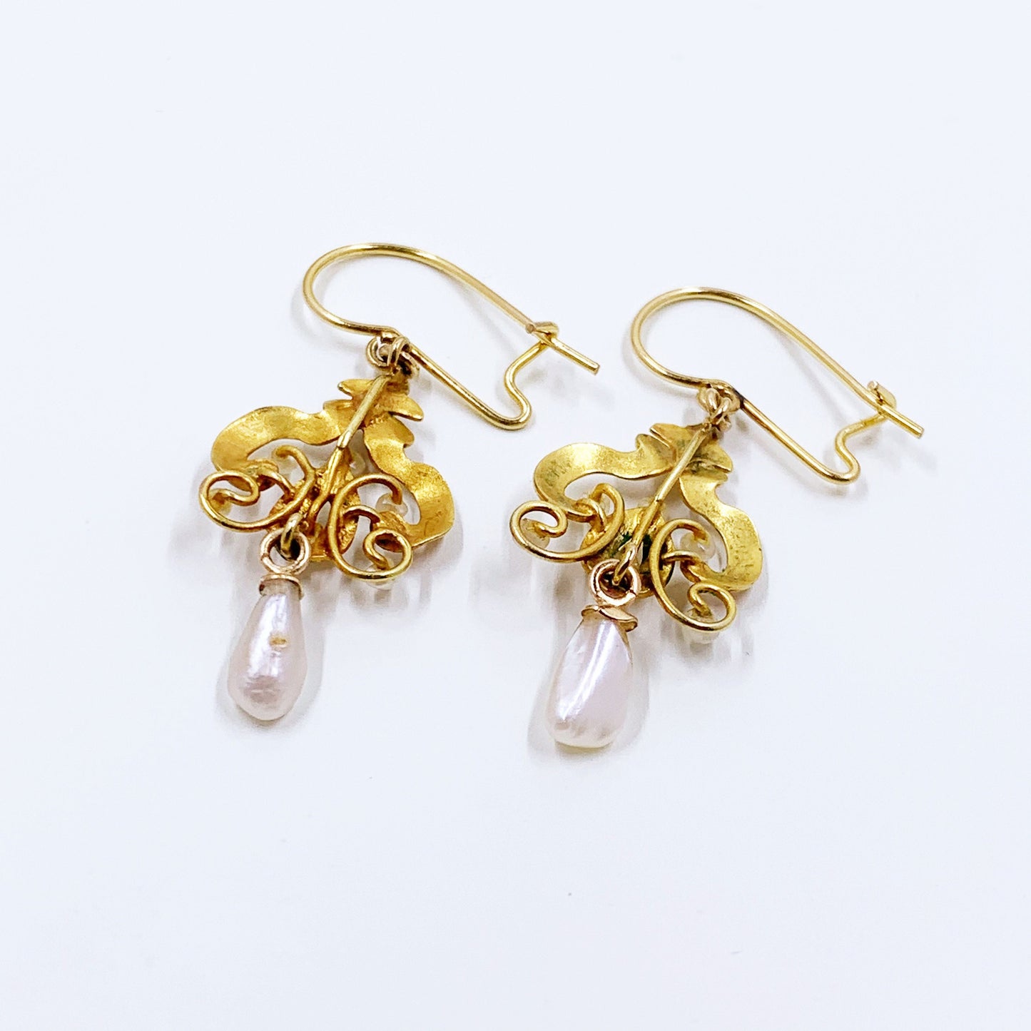 Antique Gold Art Nouveau Enamel and Pearl Earrings | 14k Gold Enamel Earrings | Baroque Pearl Earrings | 14k Gold Dangle Earrings