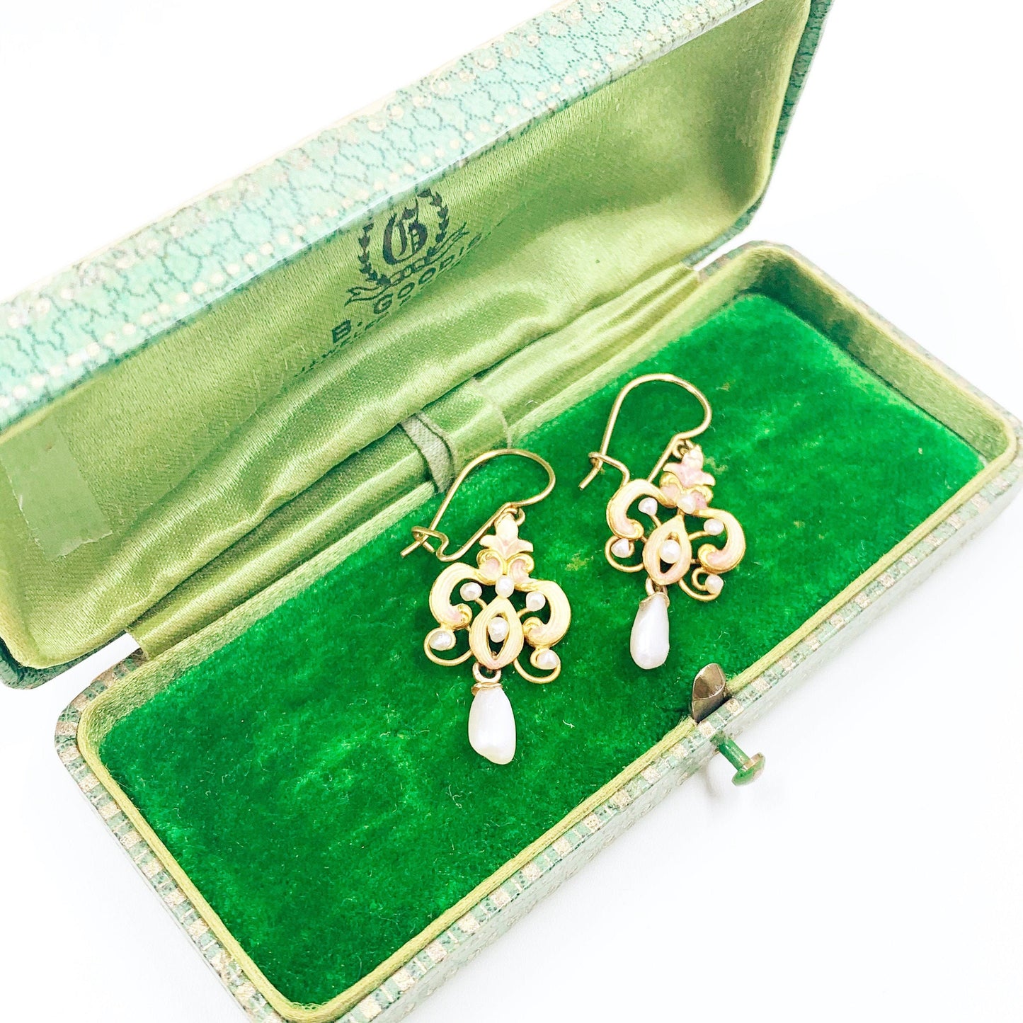 Antique Gold Art Nouveau Enamel and Pearl Earrings | 14k Gold Enamel Earrings | Baroque Pearl Earrings | 14k Gold Dangle Earrings