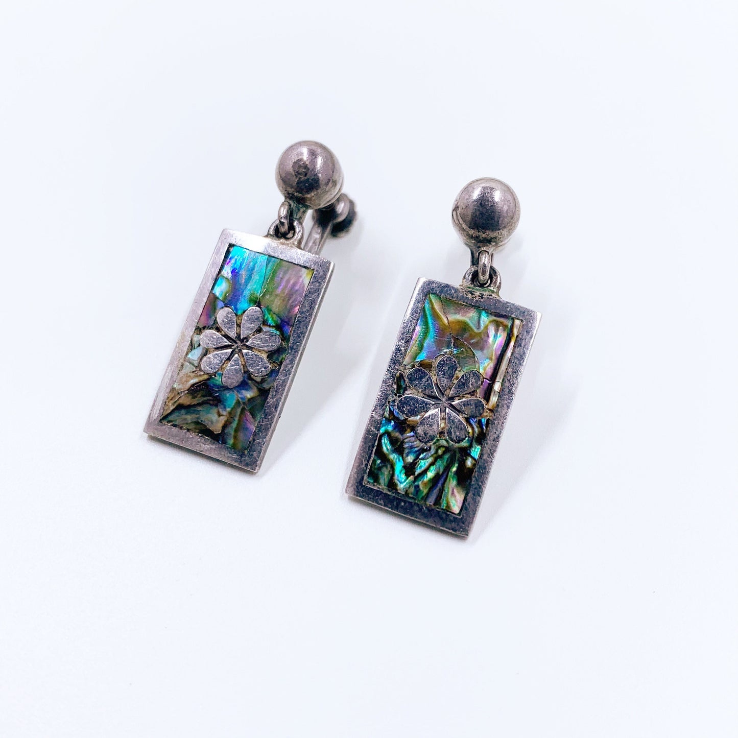 Vintage Silver Mother of Pearl Inlay Earrings | Mexican Silver TAXCO Screw Back Earrings