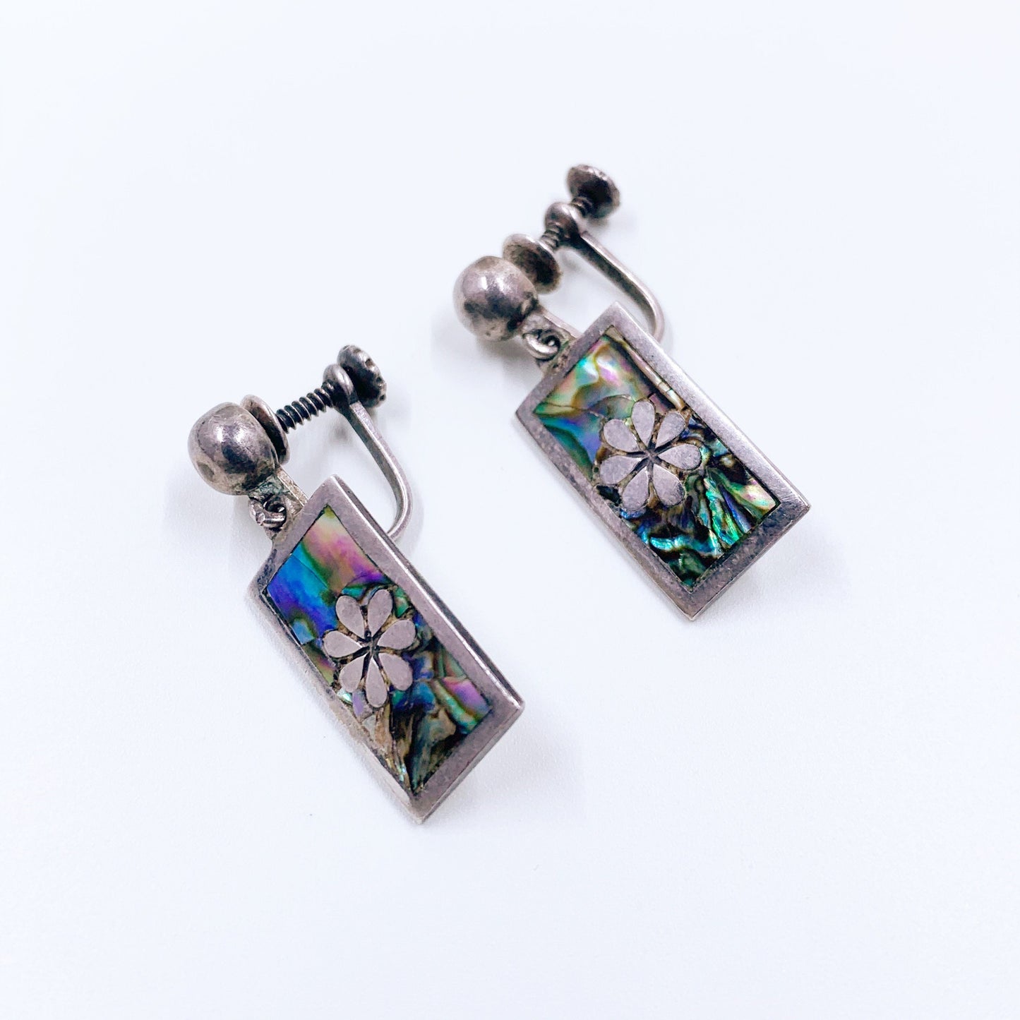 Vintage Silver Mother of Pearl Inlay Earrings | Mexican Silver TAXCO Screw Back Earrings