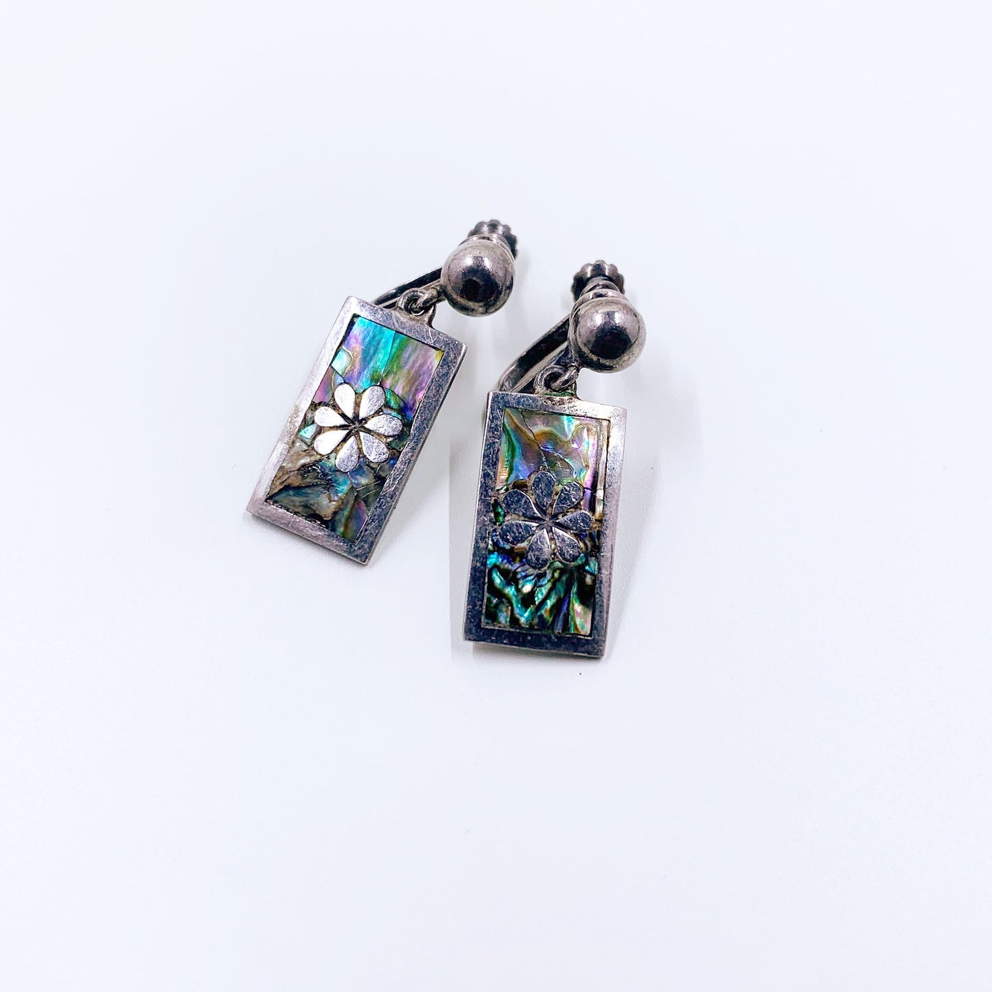Vintage Silver Mother of Pearl Inlay Earrings | Mexican Silver TAXCO Screw Back Earrings