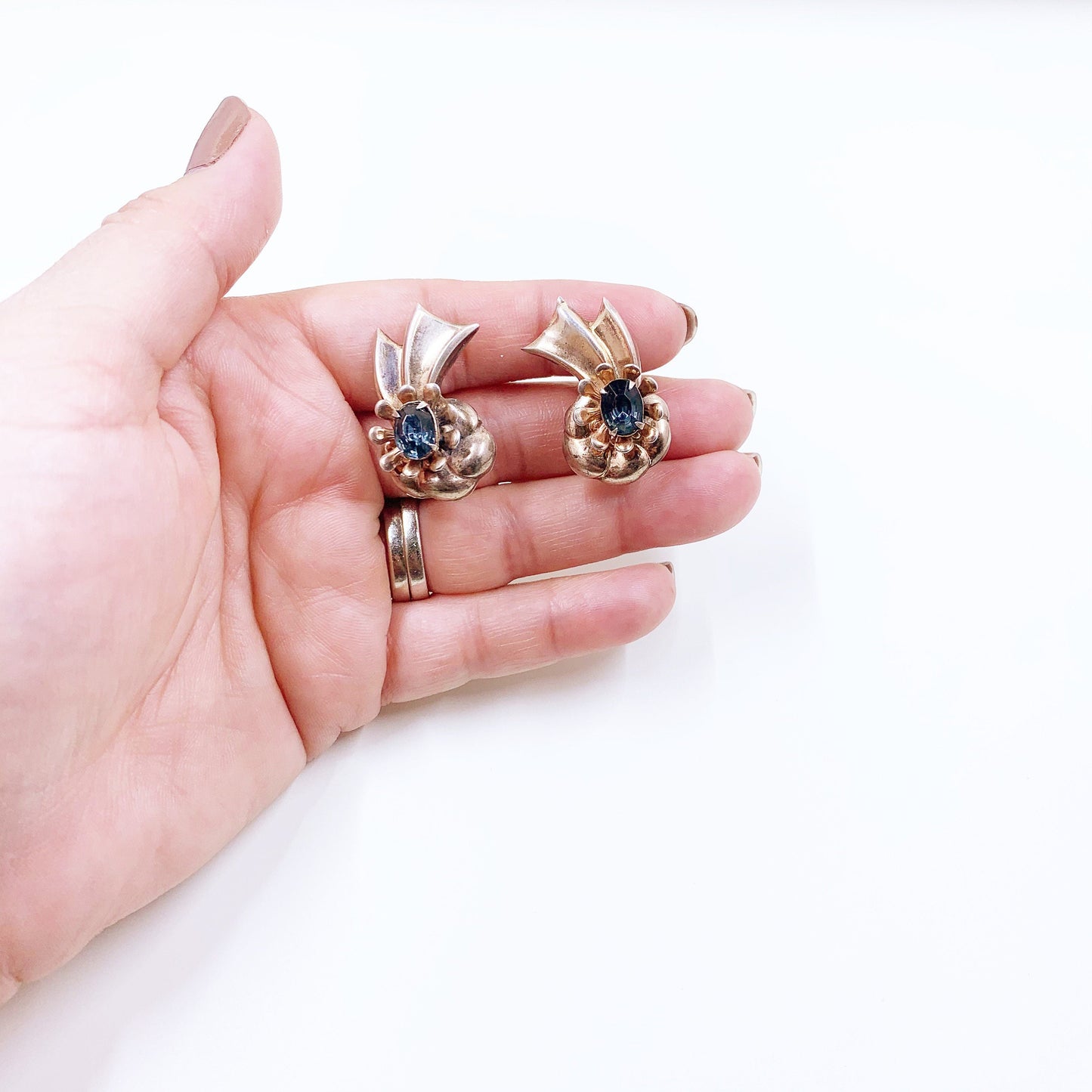 Vintage Sterling Silver Flower and Ribbon Earrings | Retro Earrings | Blue Rhinestone