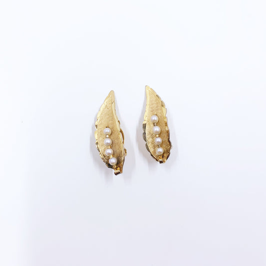 Vintage Gold Leaf and Pearl Earrings | Gold Filled Clip On | Imperial Pearl Syndicate Earrings