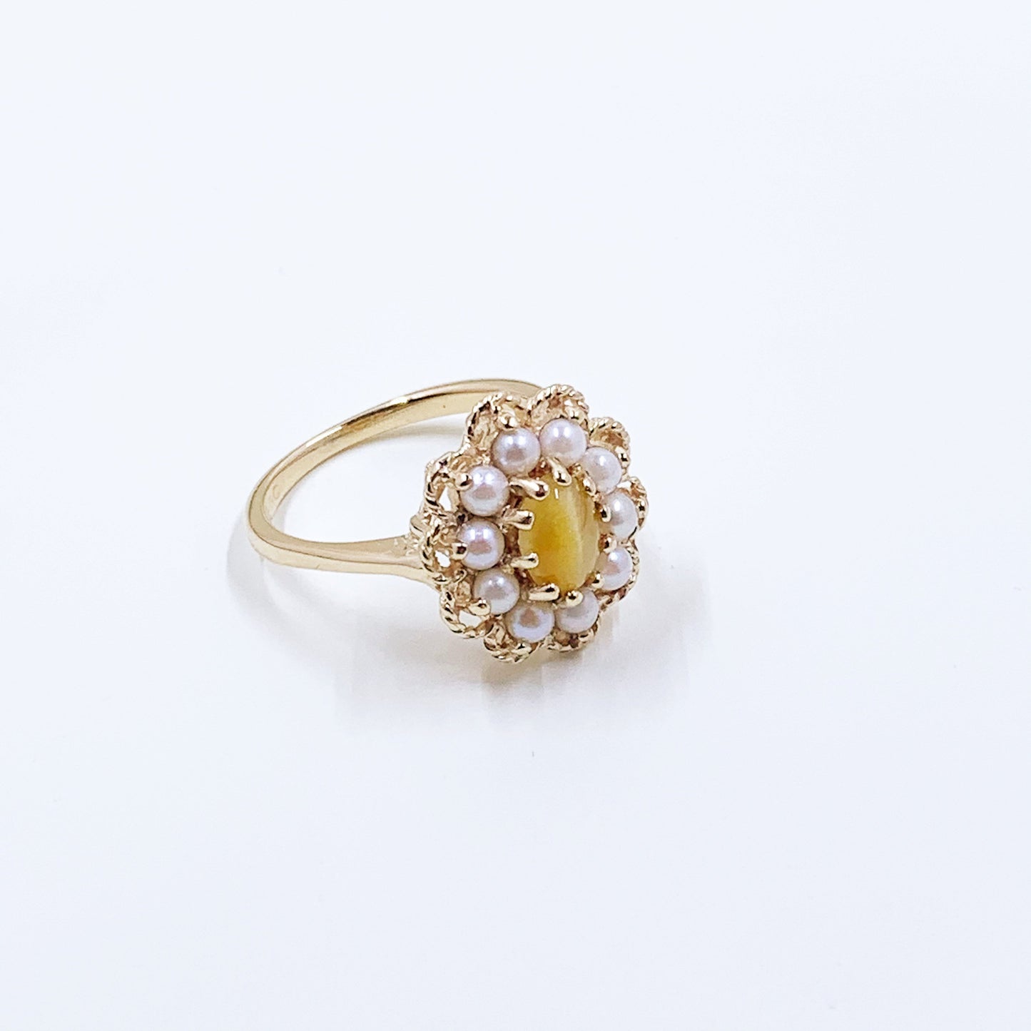 Vintage Gold Tigers Eye and Pearl Halo Ring | 14K Gold Halo Flower Ring | KGC Ring | Size 7 1/4