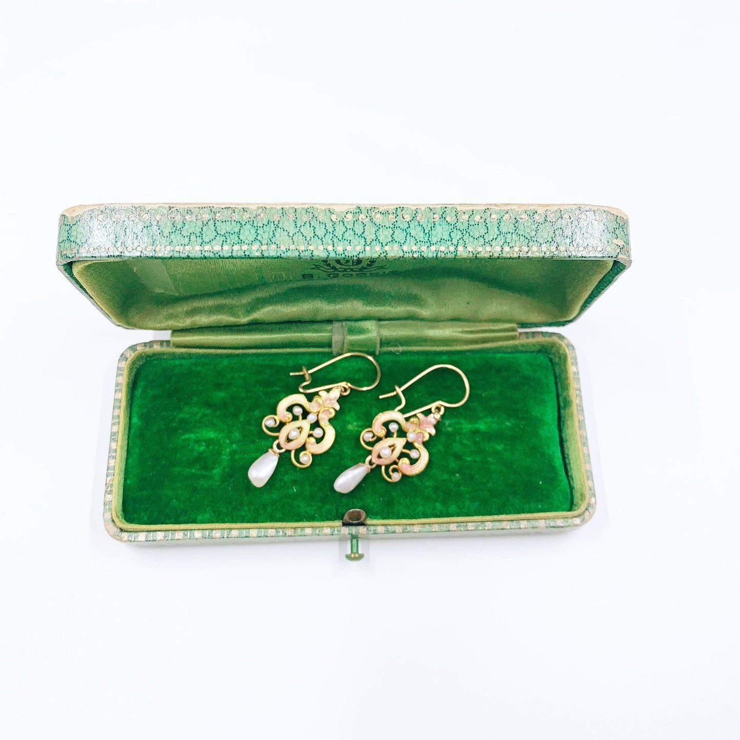 Antique Gold Art Nouveau Enamel and Pearl Earrings | 14k Gold Enamel Earrings | Baroque Pearl Earrings | 14k Gold Dangle Earrings