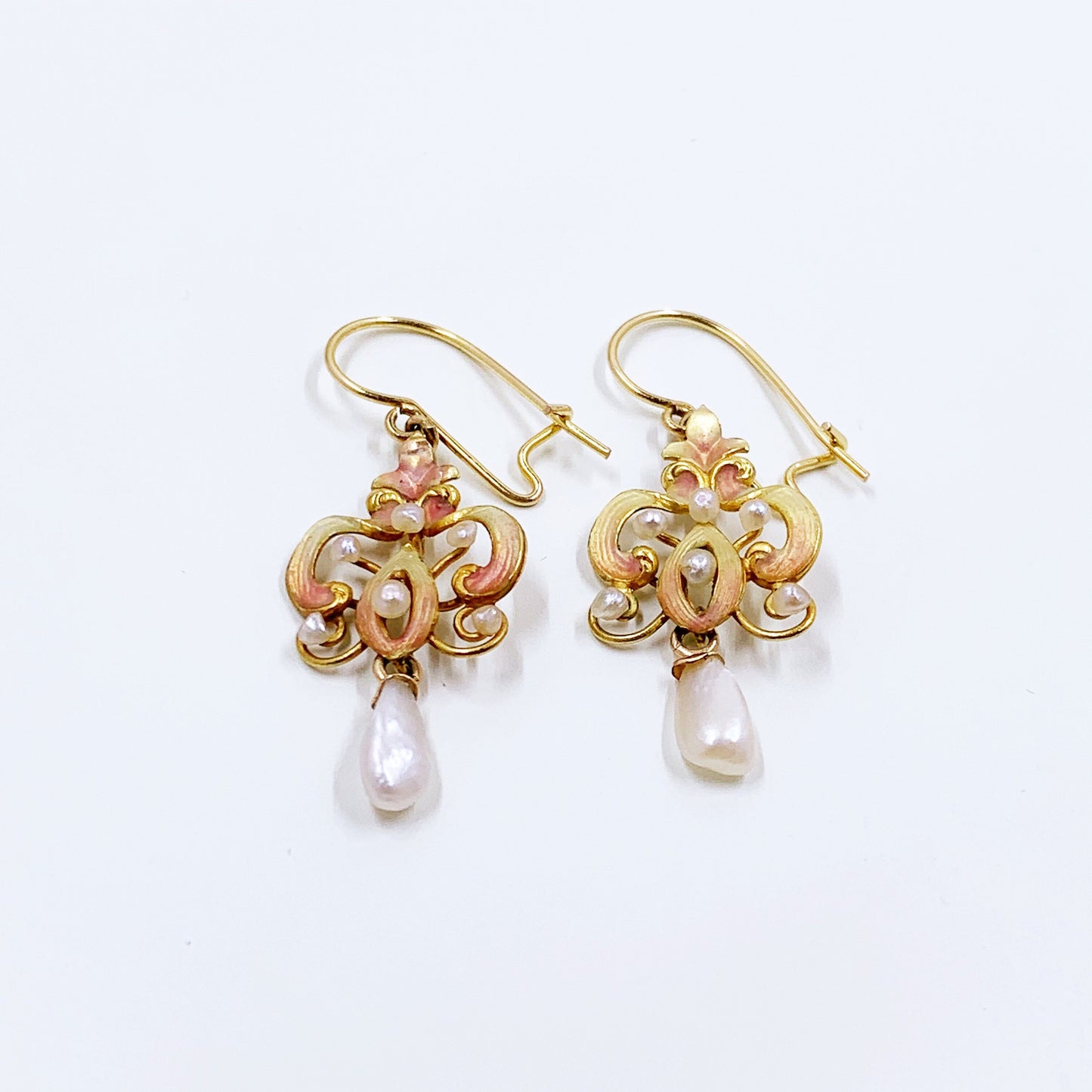 Antique Gold Art Nouveau Enamel and Pearl Earrings | 14k Gold Enamel Earrings | Baroque Pearl Earrings | 14k Gold Dangle Earrings