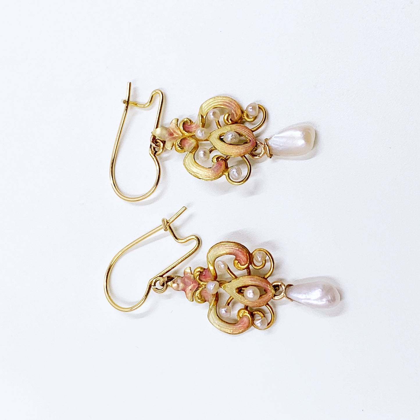 Antique Gold Art Nouveau Enamel and Pearl Earrings | 14k Gold Enamel Earrings | Baroque Pearl Earrings | 14k Gold Dangle Earrings