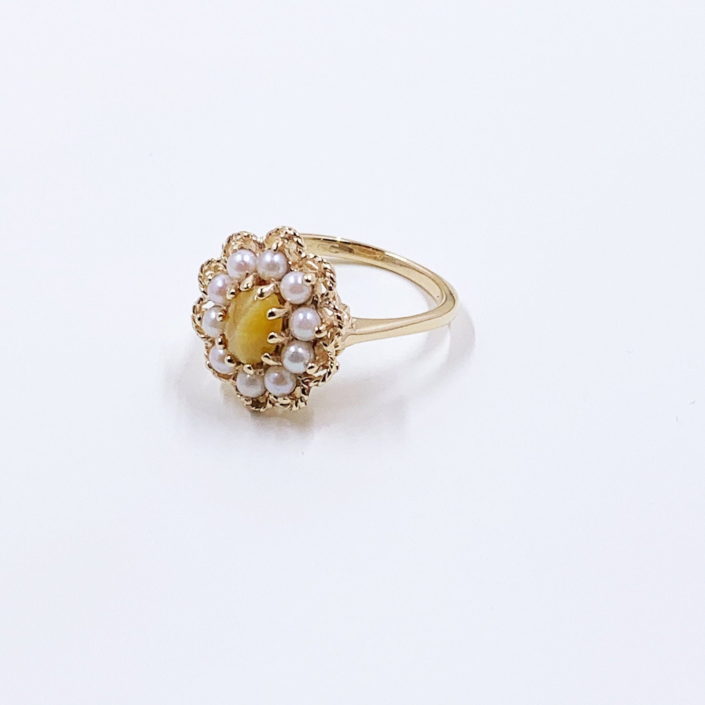 Vintage Gold Tigers Eye and Pearl Halo Ring | 14K Gold Halo Flower Ring | KGC Ring | Size 7 1/4