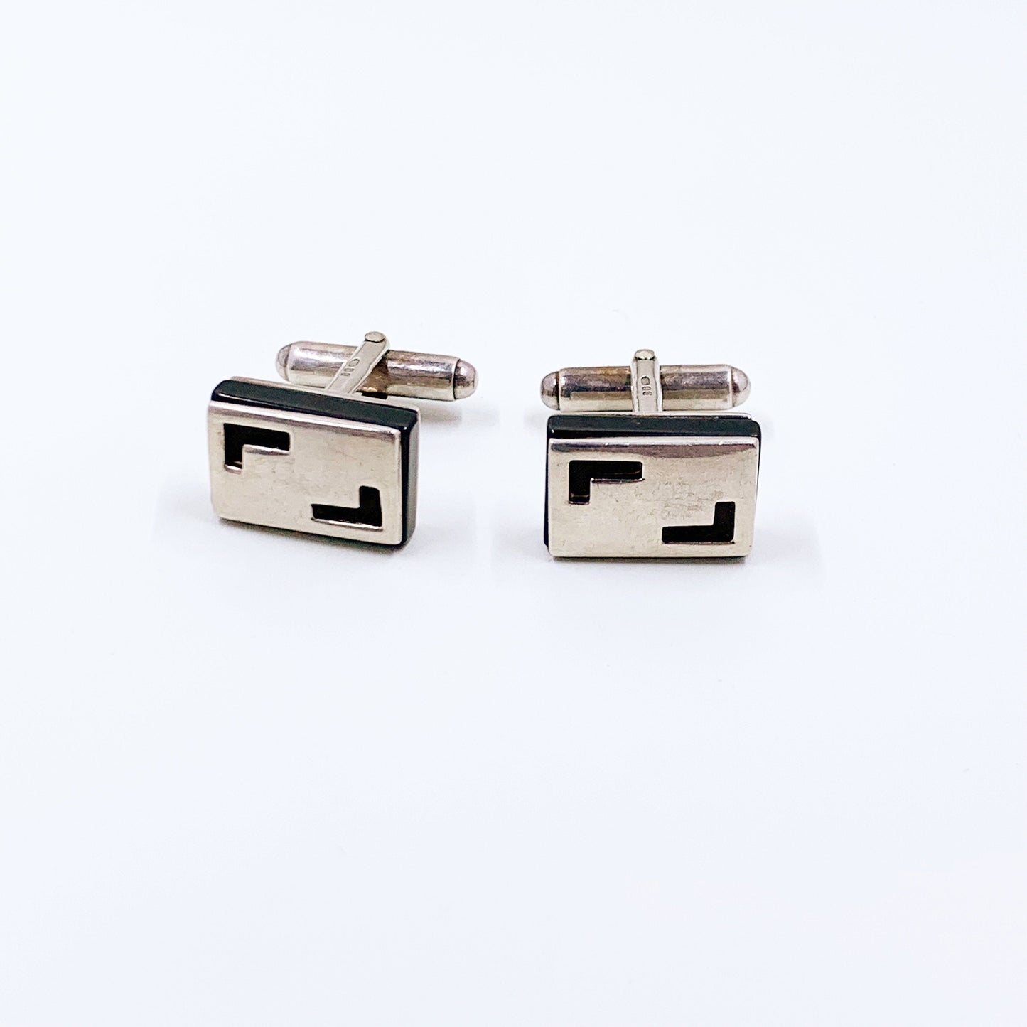 Vintage Modernist Silver Cufflinks | Onyx and Silver | Cutout Cufflinks | English Silver