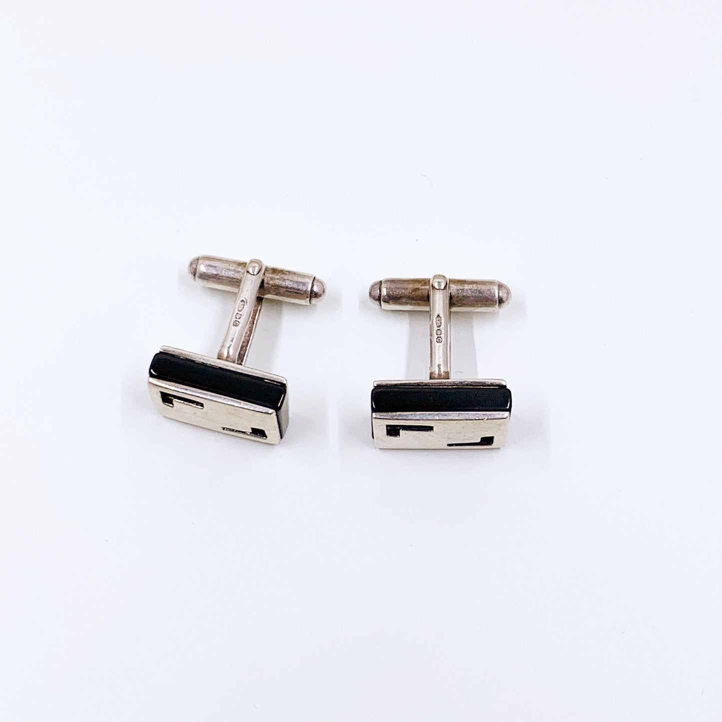 Vintage Modernist Silver Cufflinks | Onyx and Silver | Cutout Cufflinks | English Silver