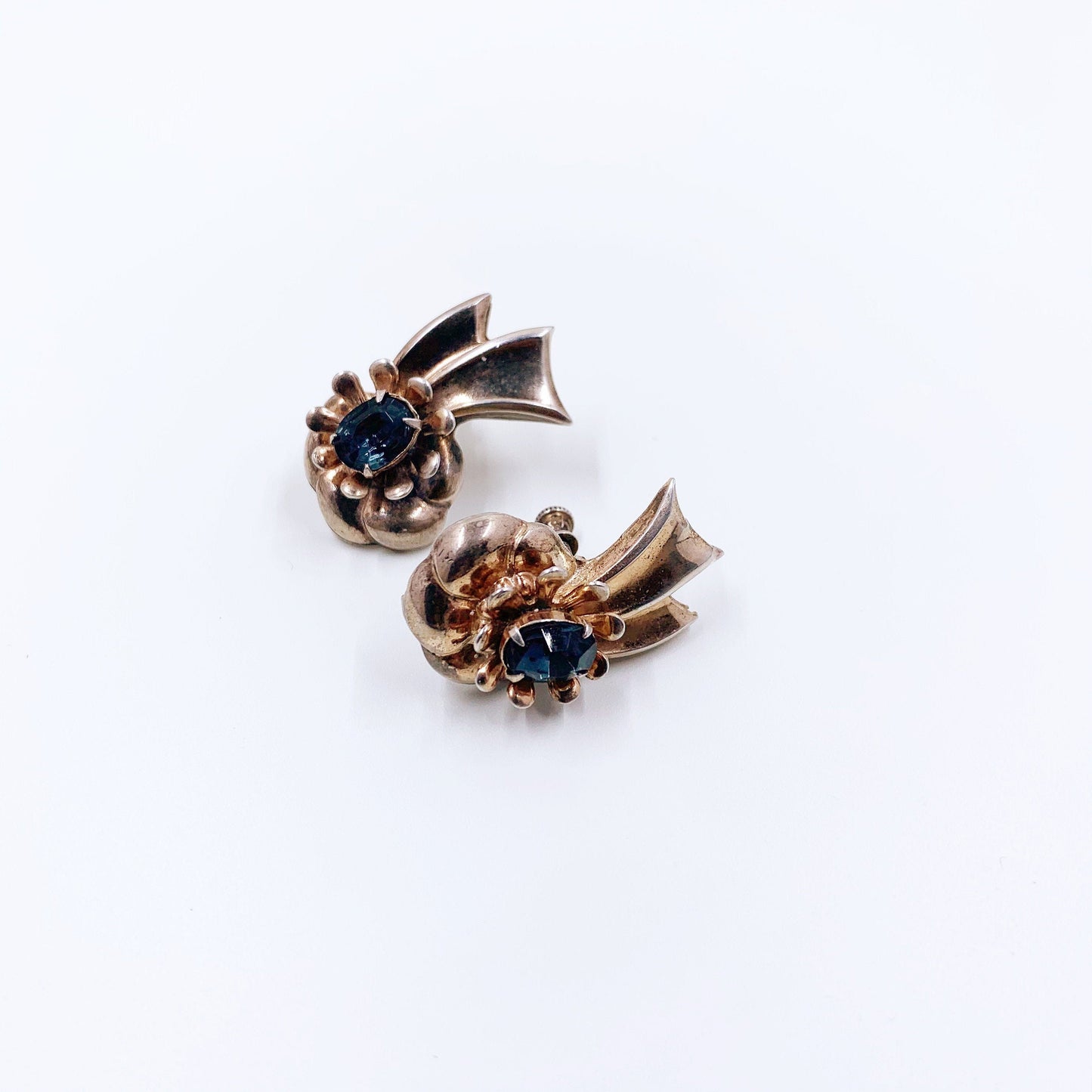 Vintage Sterling Silver Flower and Ribbon Earrings | Retro Earrings | Blue Rhinestone