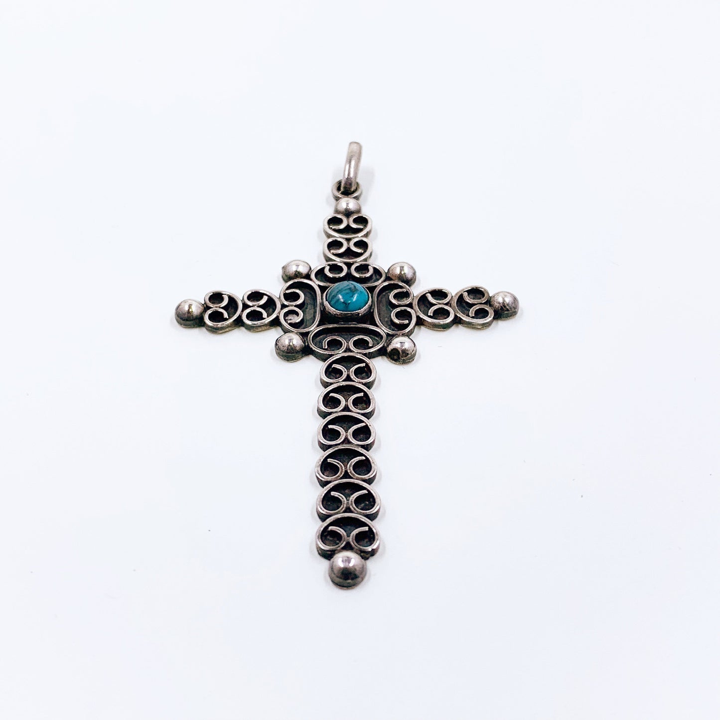 Vintage Mexican Silver Filigree Cross Pendant | Mexican Silver Faux Turquoise Cross