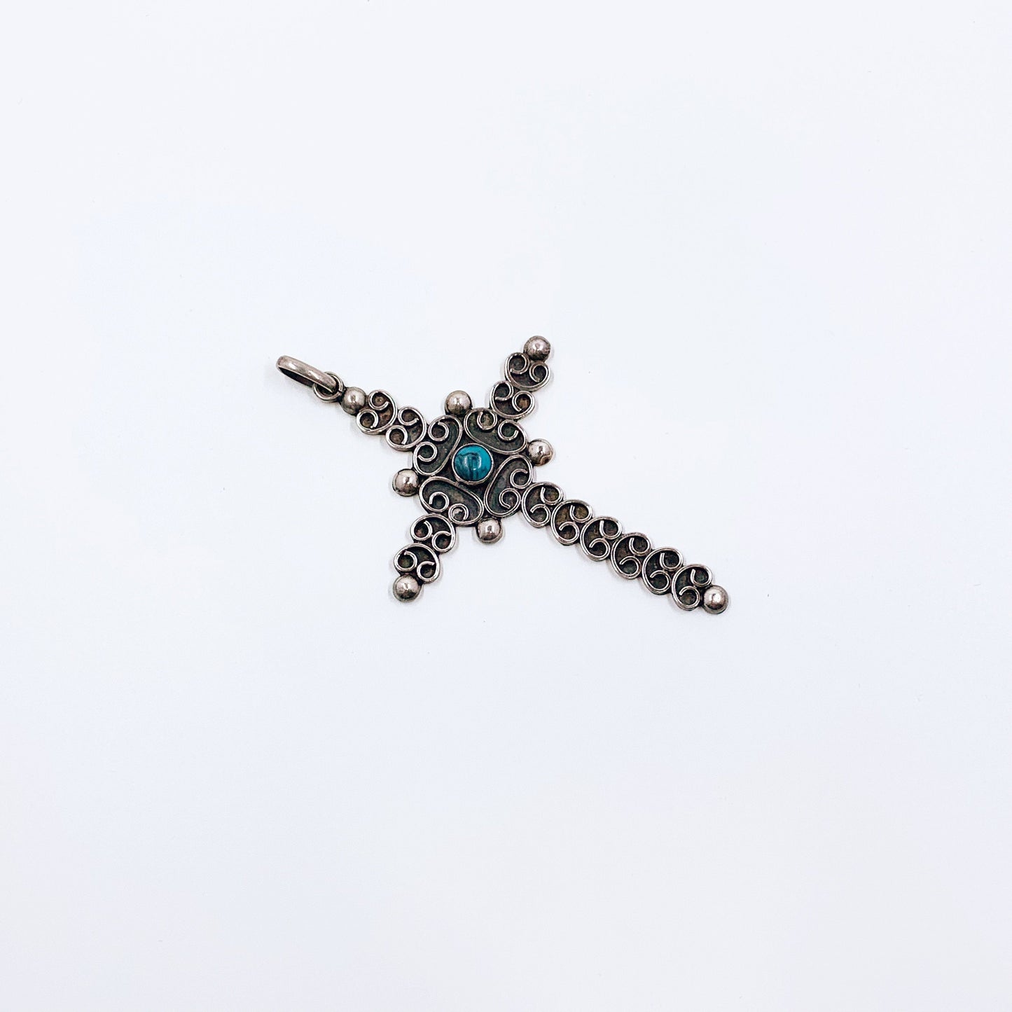 Vintage Mexican Silver Filigree Cross Pendant | Mexican Silver Faux Turquoise Cross