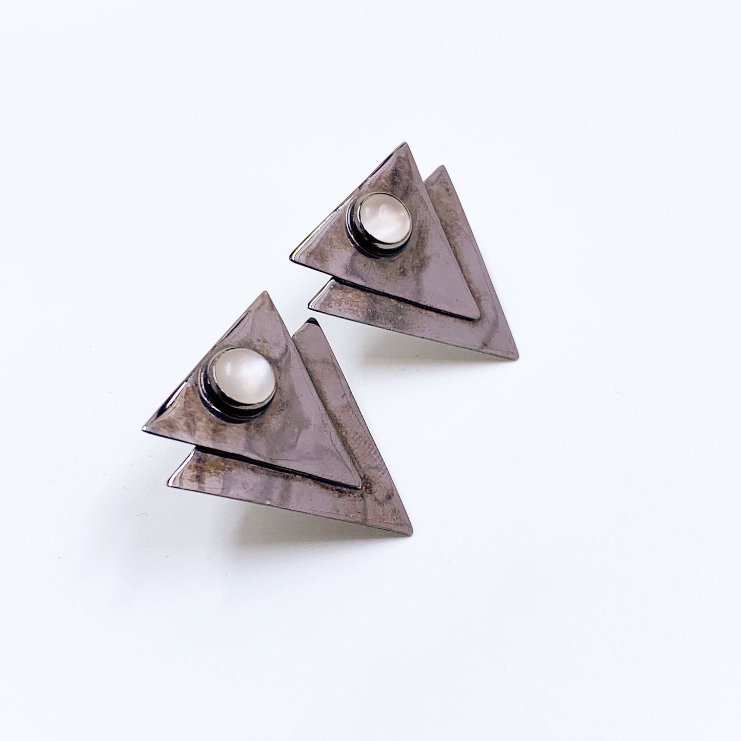 Vintage Silver GFMW Modernist Triangle Moonstone Earrings | Great Falls Metal Works Earrings