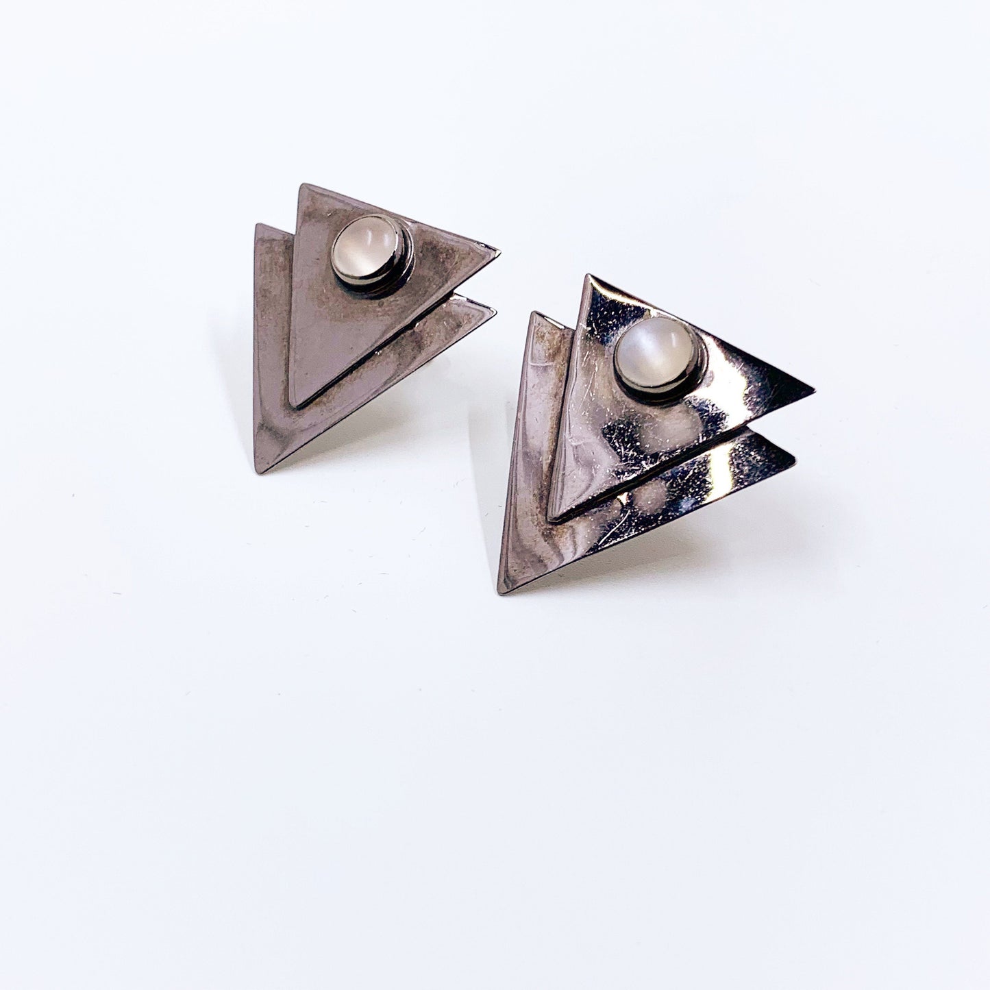 Vintage Silver GFMW Modernist Triangle Moonstone Earrings | Great Falls Metal Works Earrings