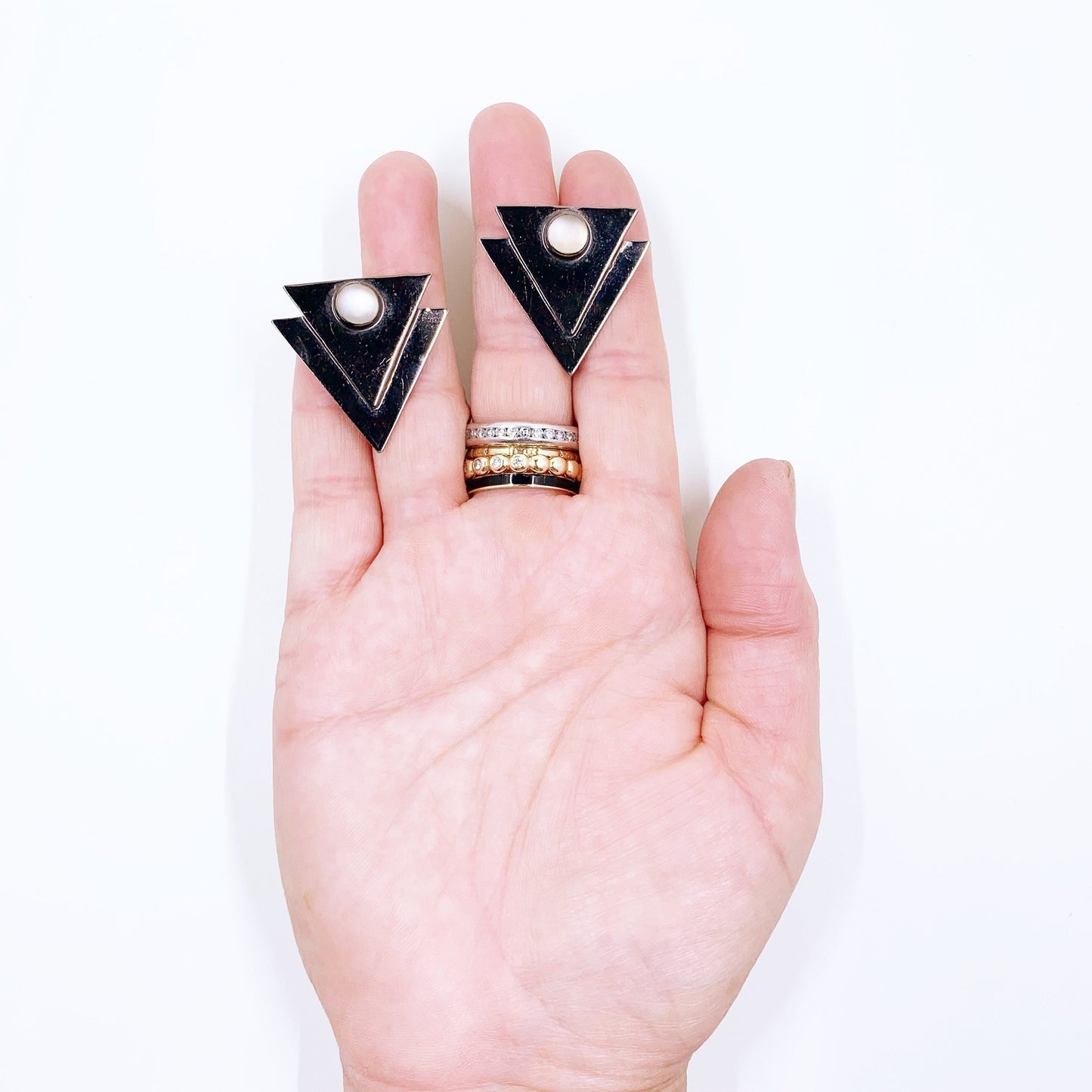 Vintage Silver GFMW Modernist Triangle Moonstone Earrings | Great Falls Metal Works Earrings