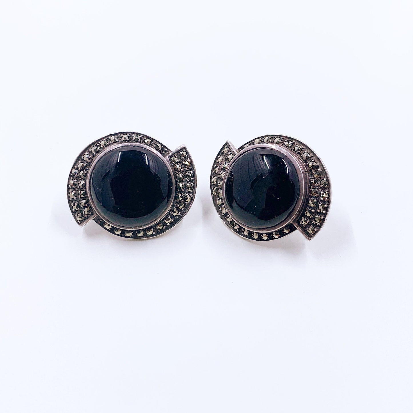 Vintage Art Deco Style Onyx and Marcasite Earrings | Sterling Heirloom 73 Earrings | Vintage Creations