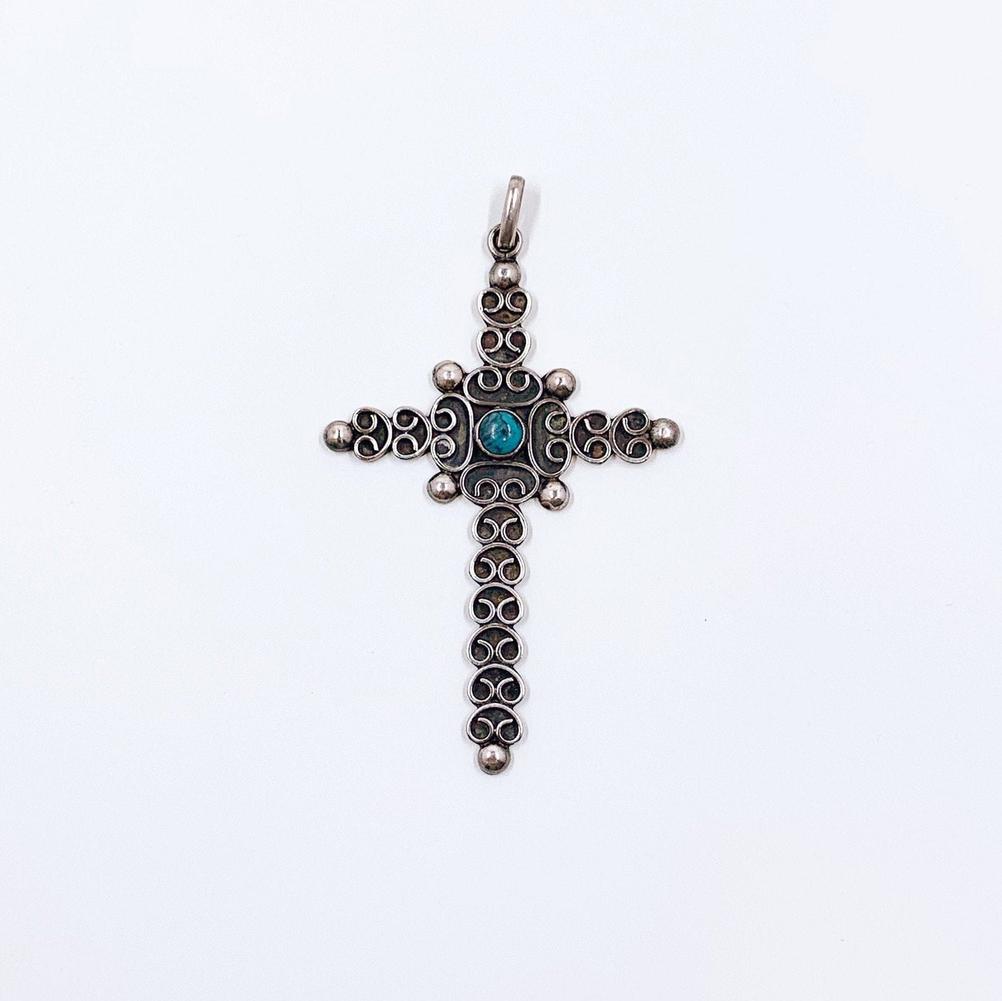 Vintage Mexican Silver Filigree Cross Pendant | Mexican Silver Faux Turquoise Cross