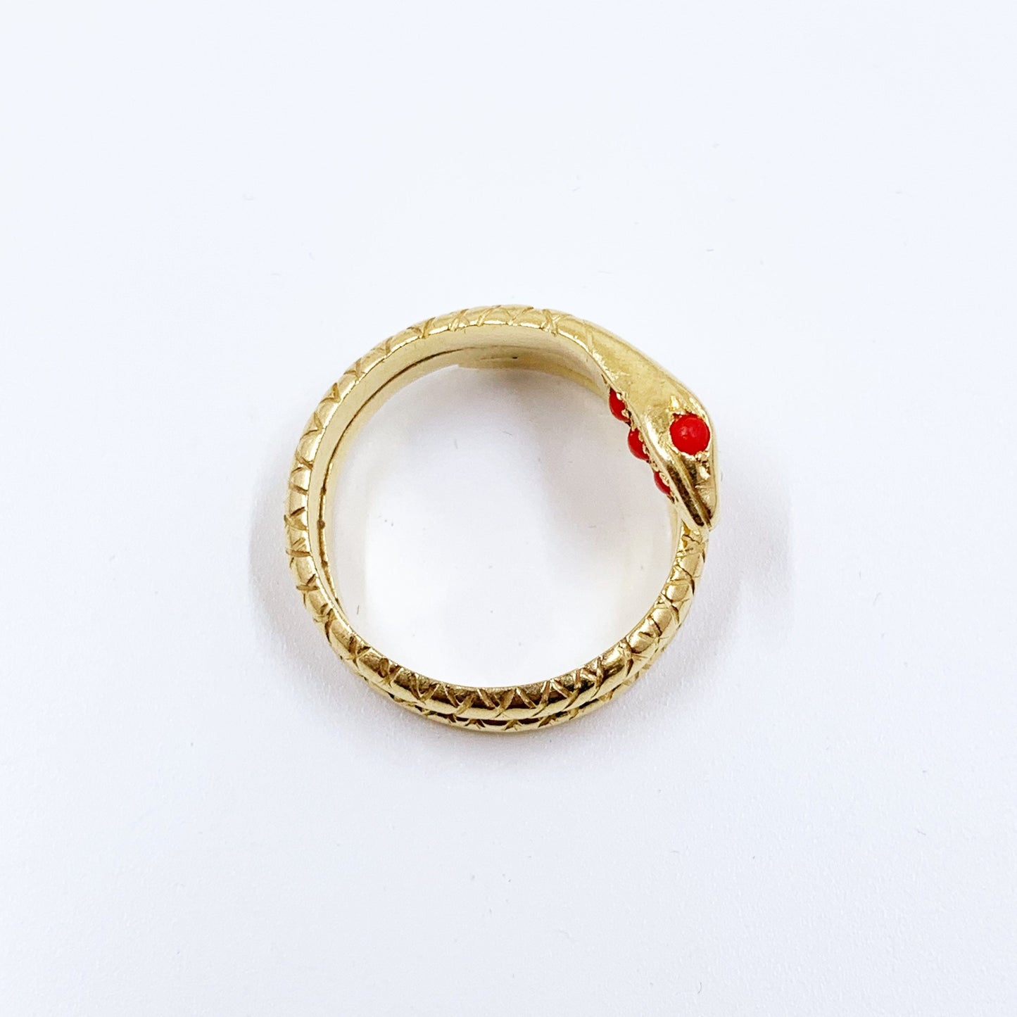 Vintage 14K Gold and Coral Coiled Snake Ring | Size 7 1/4