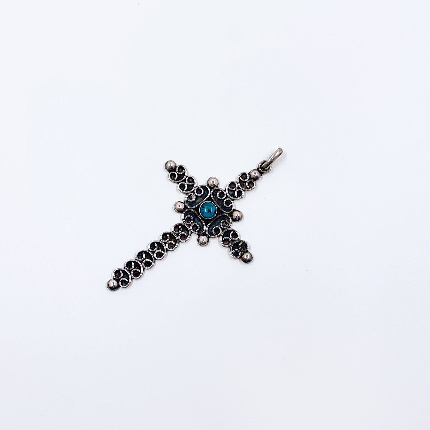 Vintage Mexican Silver Filigree Cross Pendant | Mexican Silver Faux Turquoise Cross