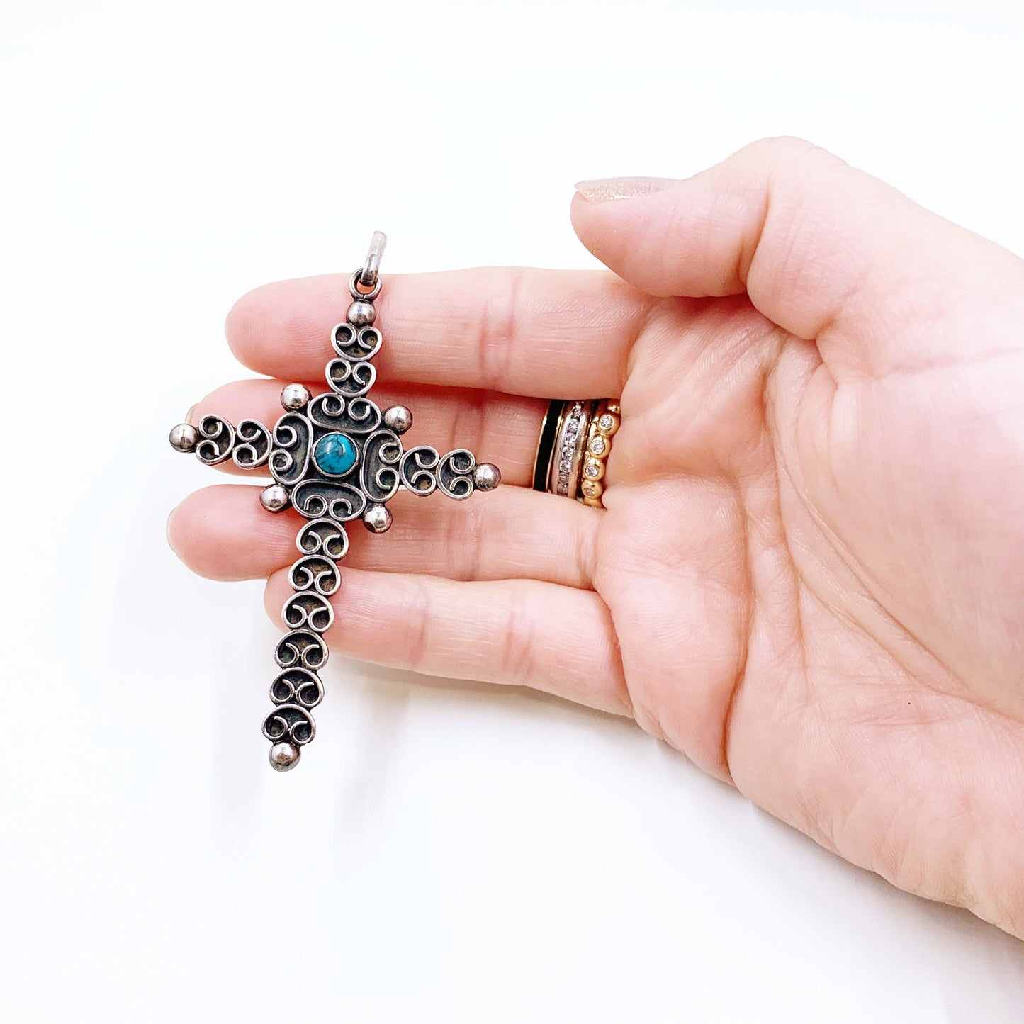 Vintage Mexican Silver Filigree Cross Pendant | Mexican Silver Faux Turquoise Cross