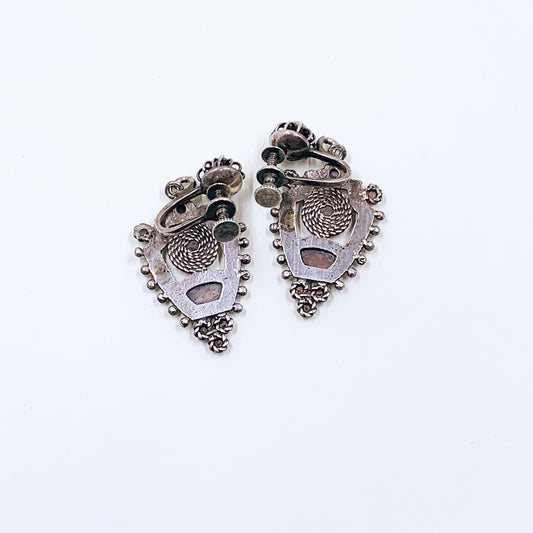 Vintage Silver Ethnic Dangle Earrings |  Sterling Silver Cannetille Screw Back Earrings