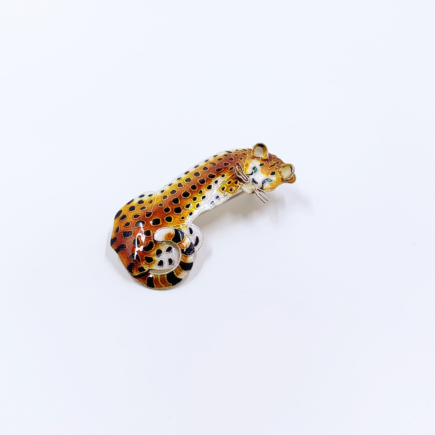 Vintage Silver Enamel Cheetah Brooch | Handmade Enamel Cheetah Pin | Safari Animal Brooch