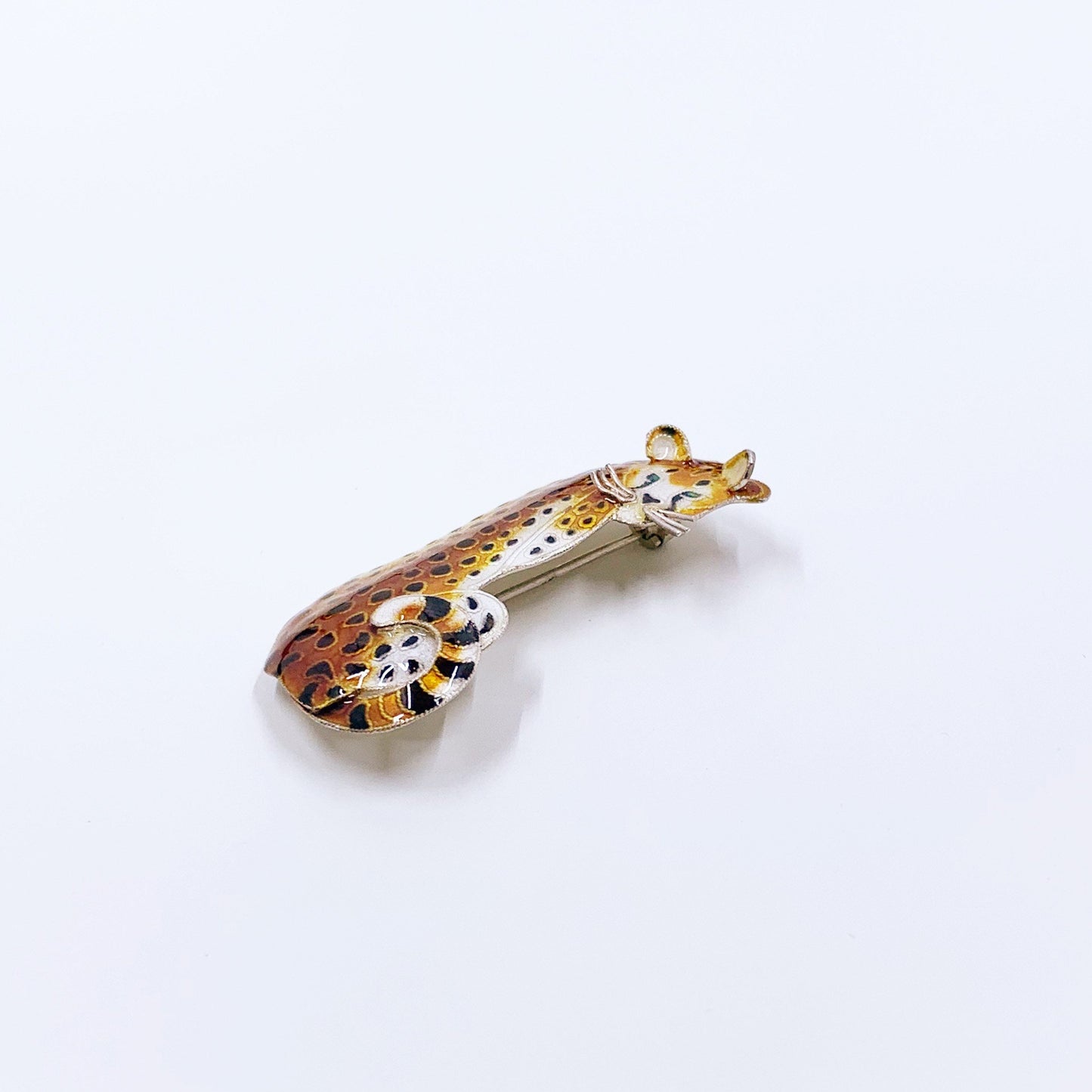 Vintage Silver Enamel Cheetah Brooch | Handmade Enamel Cheetah Pin | Safari Animal Brooch