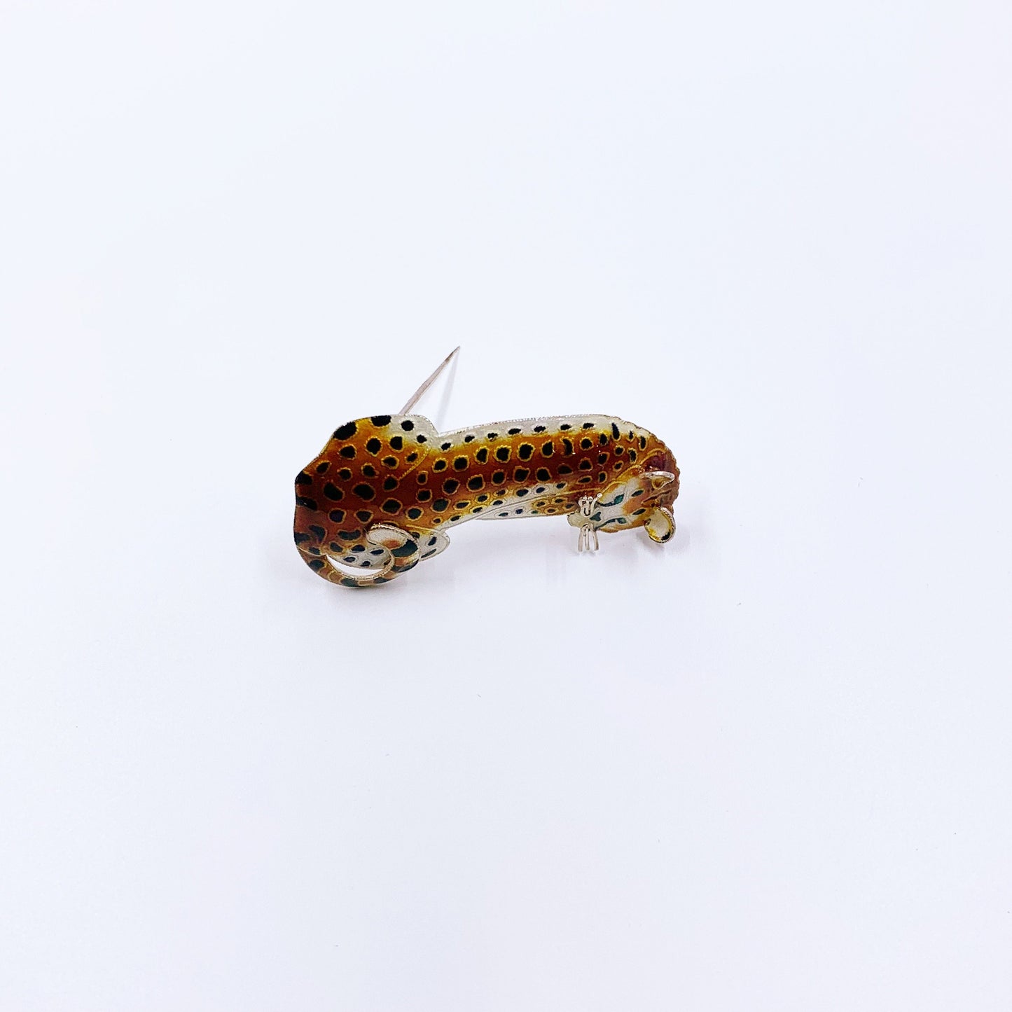 Vintage Silver Enamel Cheetah Brooch | Handmade Enamel Cheetah Pin | Safari Animal Brooch