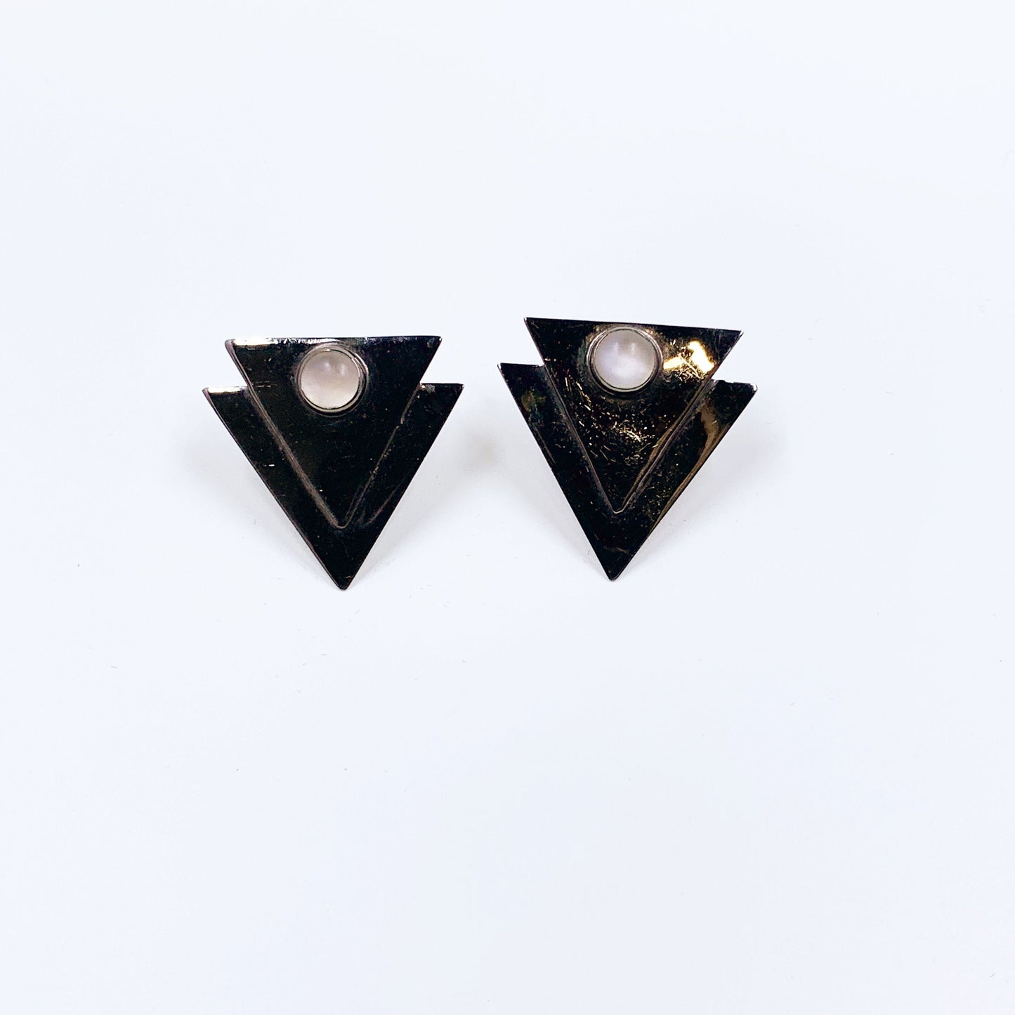 Vintage Silver GFMW Modernist Triangle Moonstone Earrings | Great Falls Metal Works Earrings