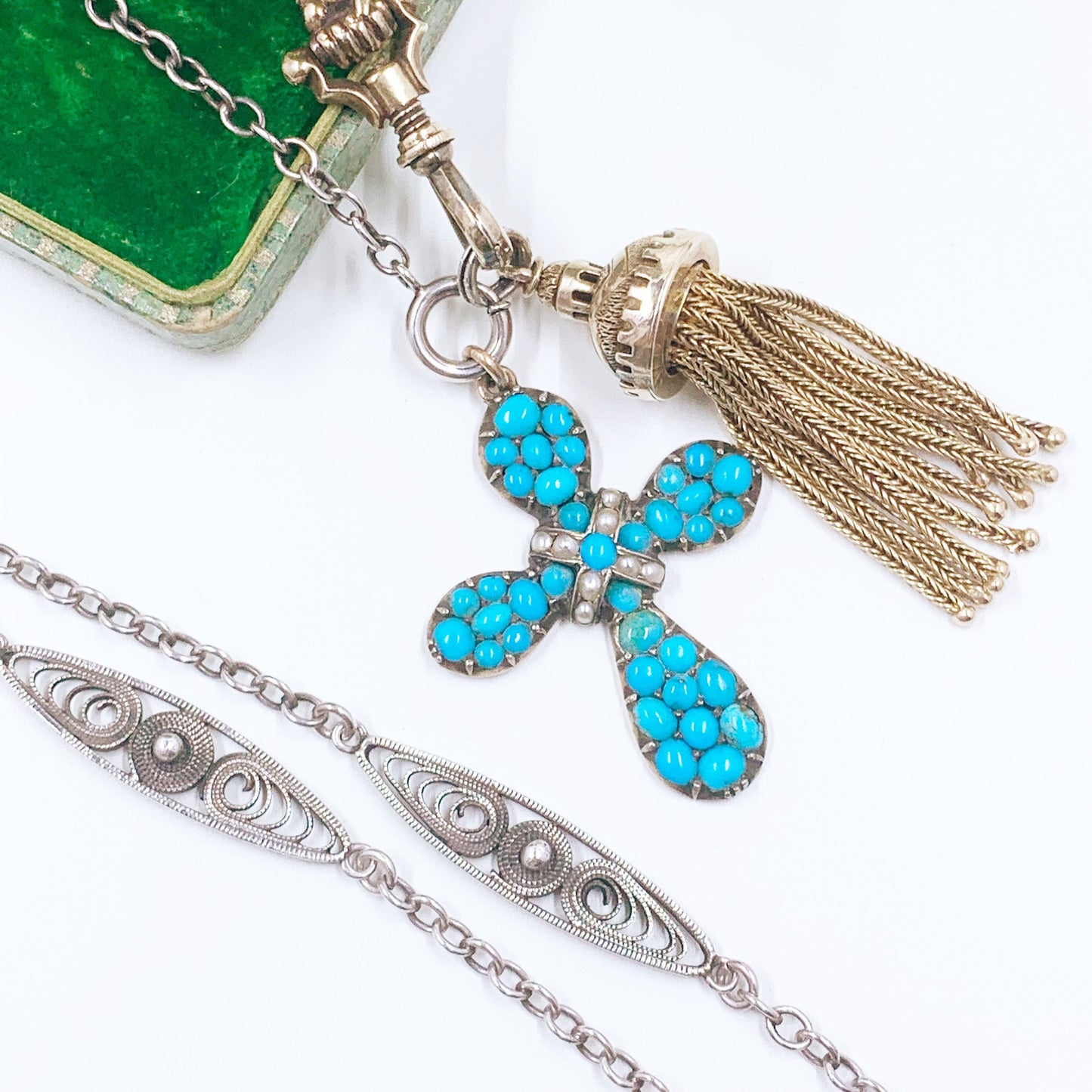 Victorian Turquoise and Seed Pearl Cross Pendant | Antique Gold Turquoise Cross Pendant