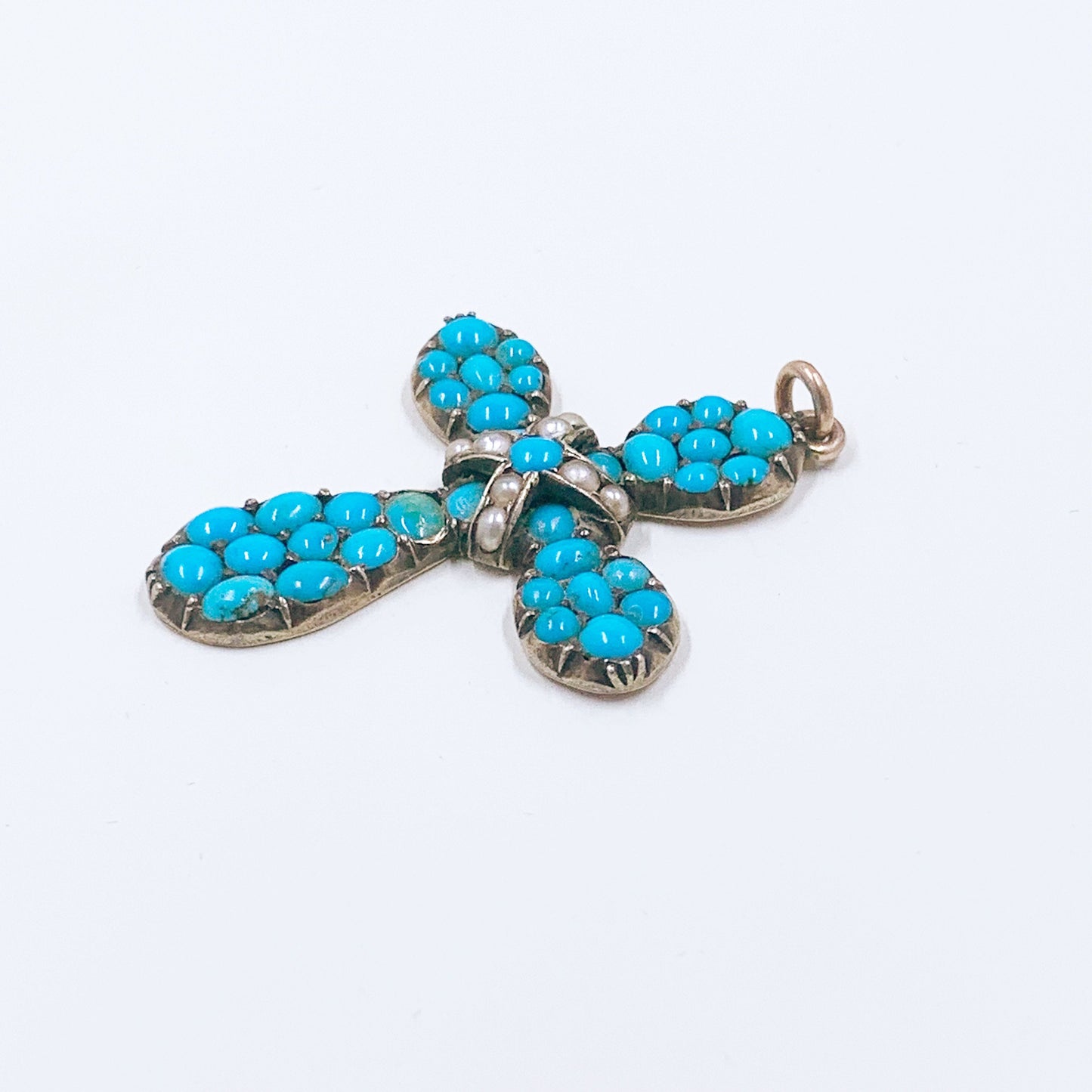 Victorian Turquoise and Seed Pearl Cross Pendant | Antique Gold Turquoise Cross Pendant