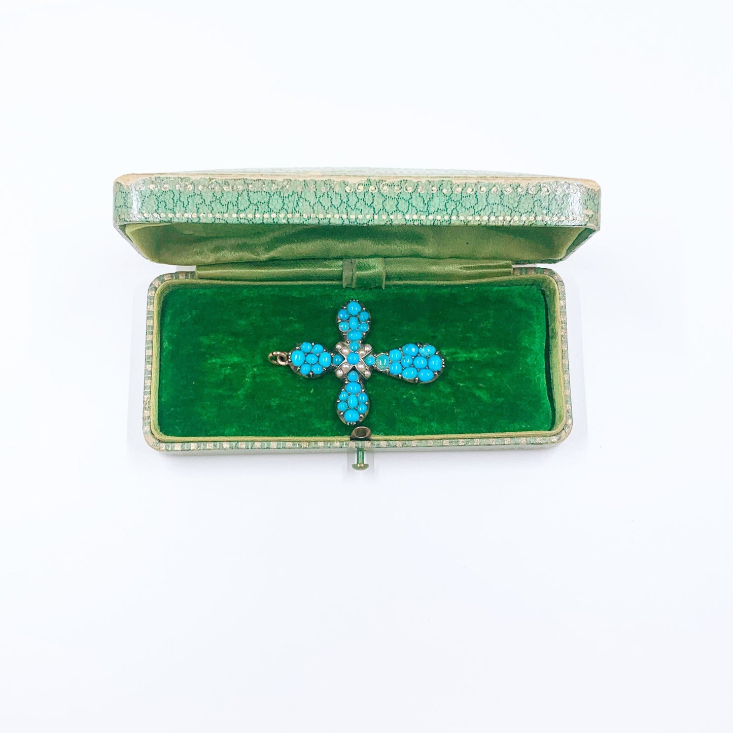 Victorian Turquoise and Seed Pearl Cross | Antique Gold Turquoise Cross Pendant