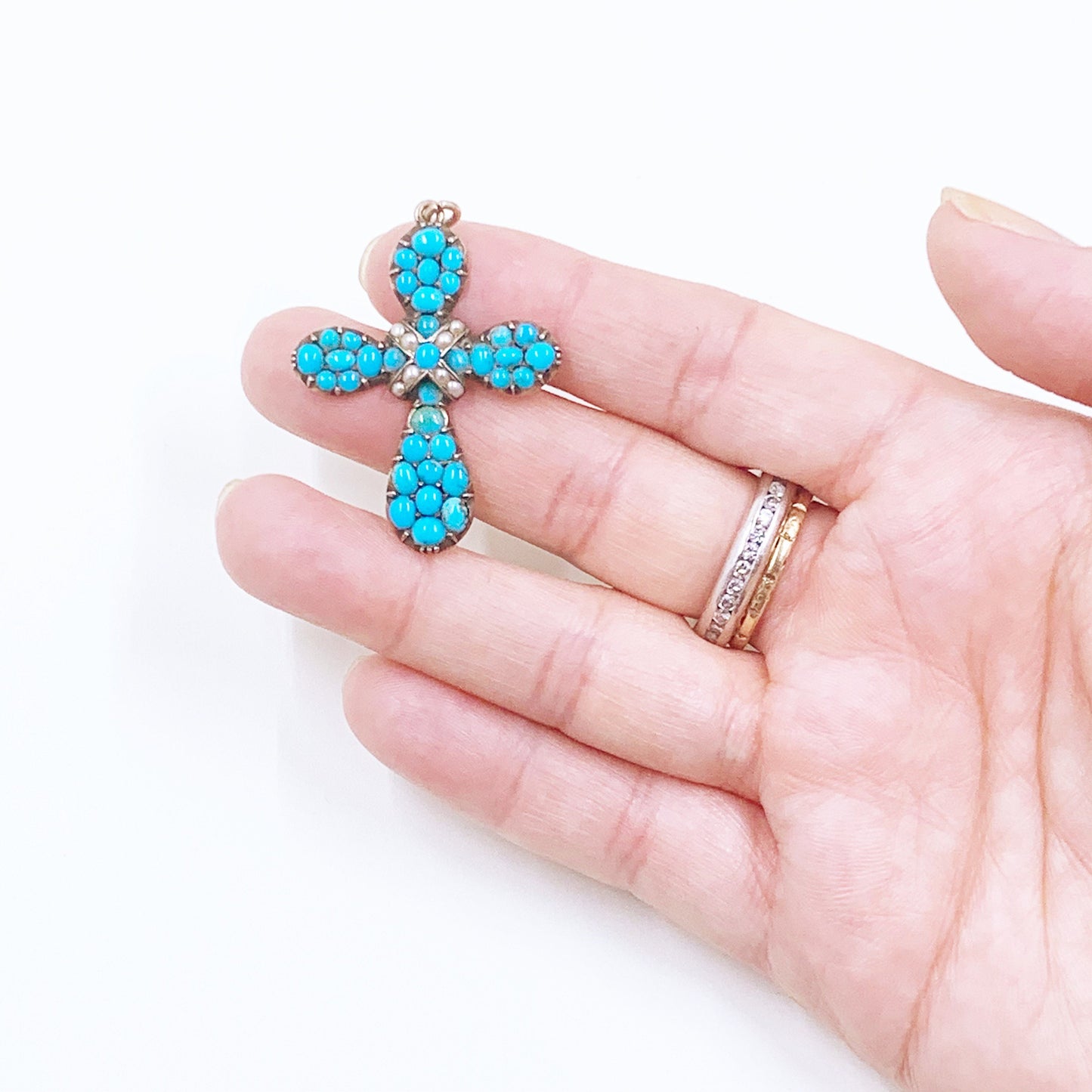 Victorian Turquoise and Seed Pearl Cross Pendant | Antique Gold Turquoise Cross Pendant